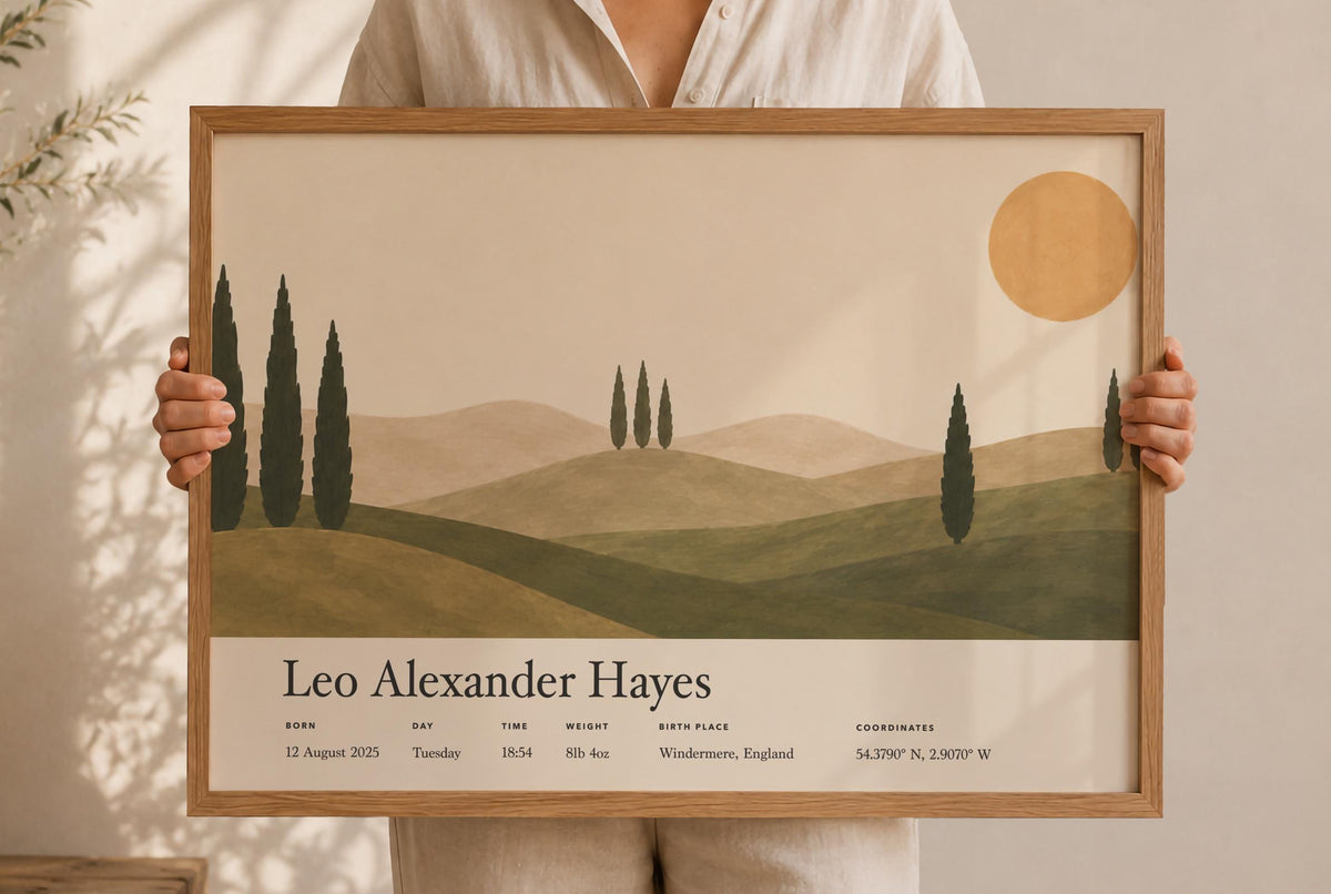 Personalised Birth Story Landscape Print | Mediterranean Nursery Wall Art | Framed or Unframed