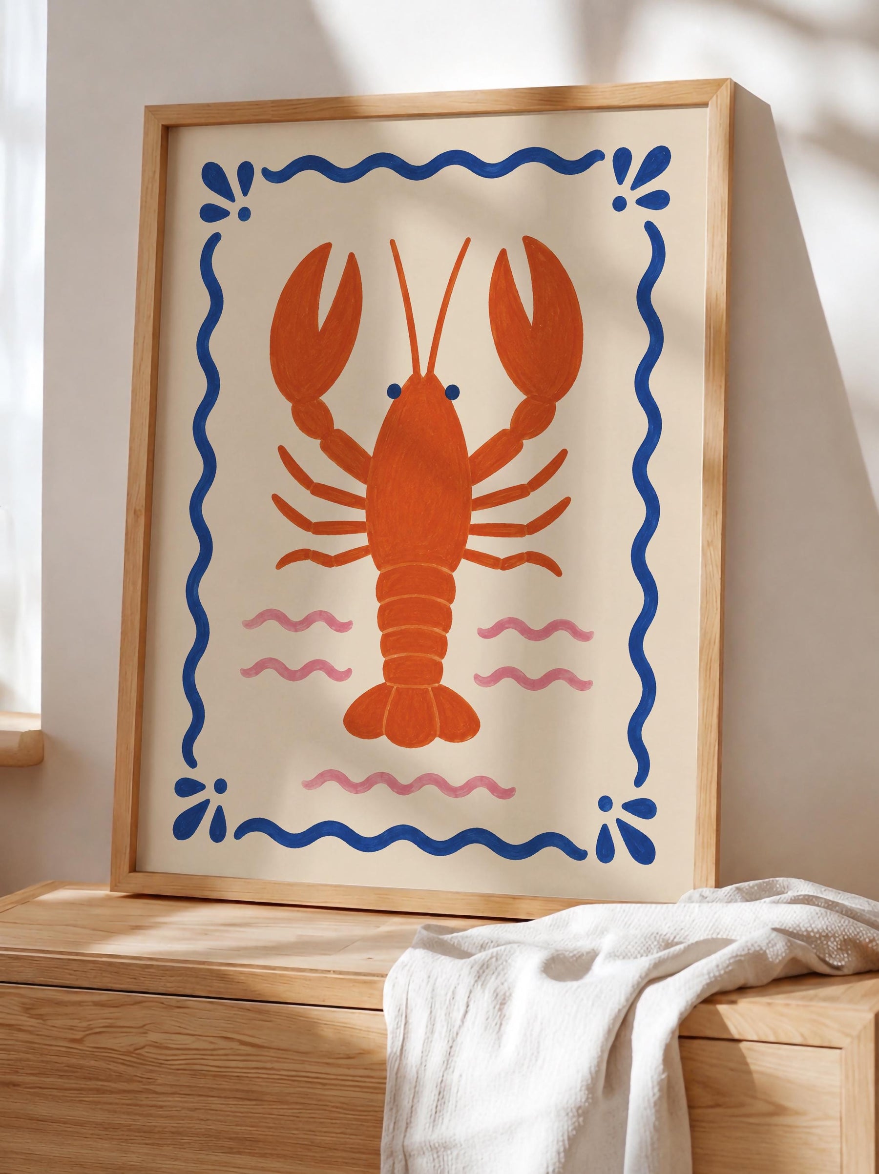 Hand-Painted Lobster Print | Coastal Beach House Decor | Framed or Unframed