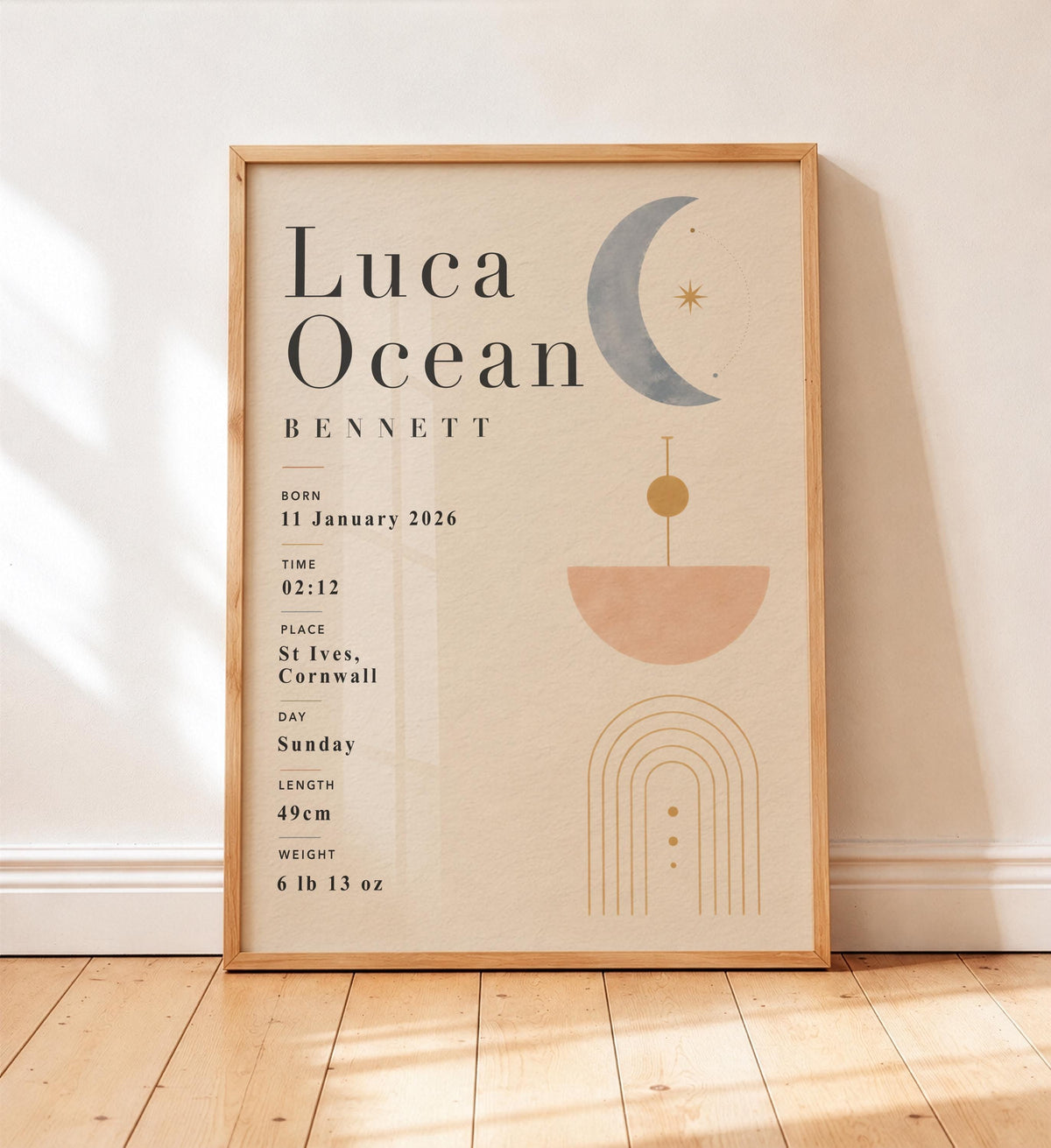 Personalised Celestial Birth Record Print | Modern Nursery Wall Art | Framed or Unframed