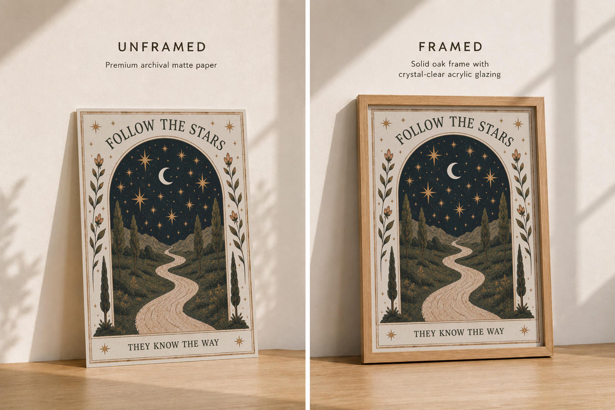 Follow The Stars Print | Celestial Moon Nursery Wall Art, Folk Landscape Illustration, Framed or Unframed