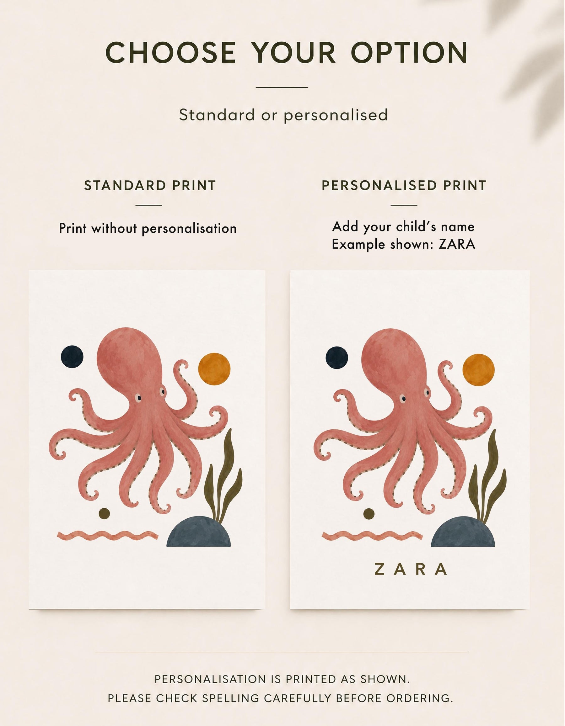 Personalised Octopus Nursery Print | Sea Life Animal Illustrated Wall Art | Framed or Unframed
