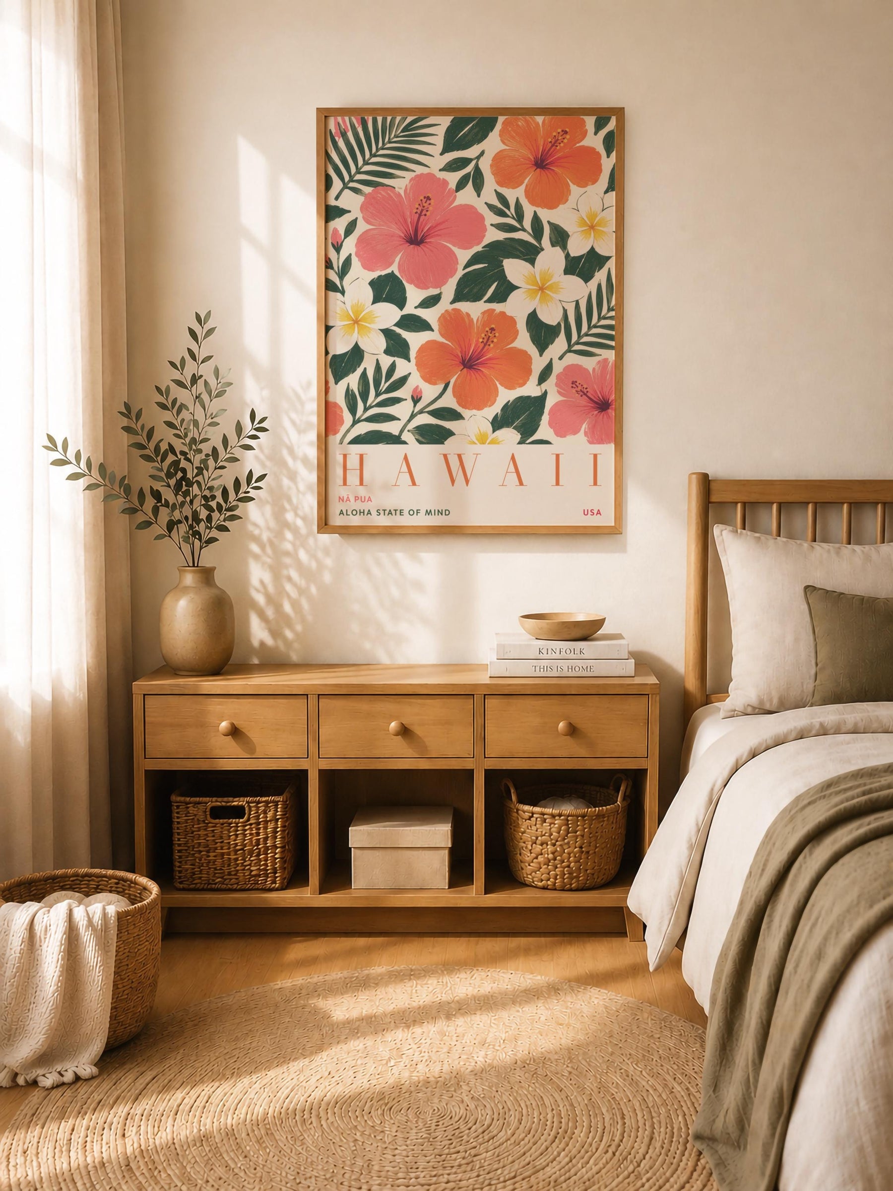Hawaii Hibiscus Floral Travel Poster | Hand-Painted Tropical Aloha Decor | Framed or Unframed