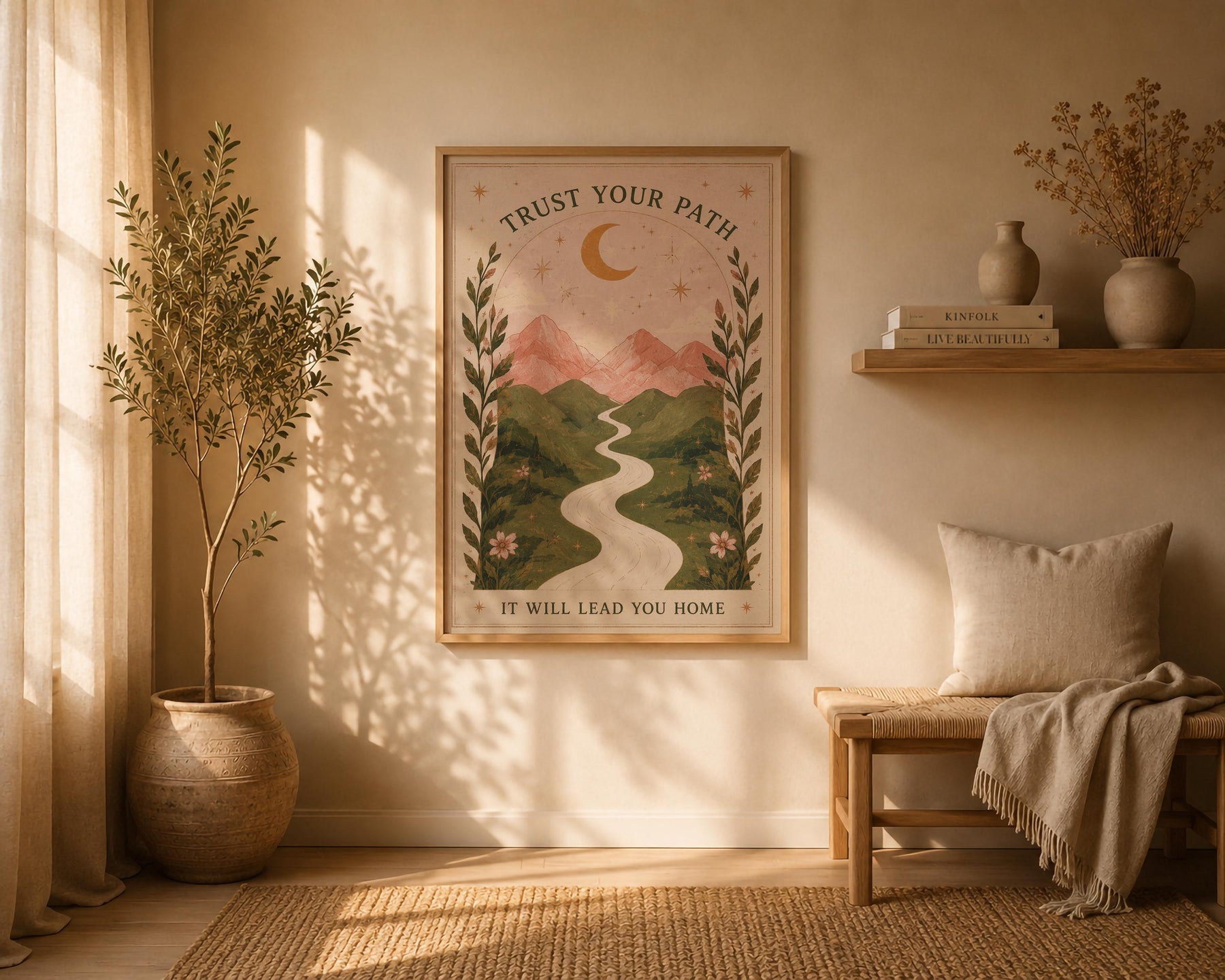 Celestial Mountain Nursery Print | Positive Message Folk Art Illustration, Moonlit Path | Framed or Unframed