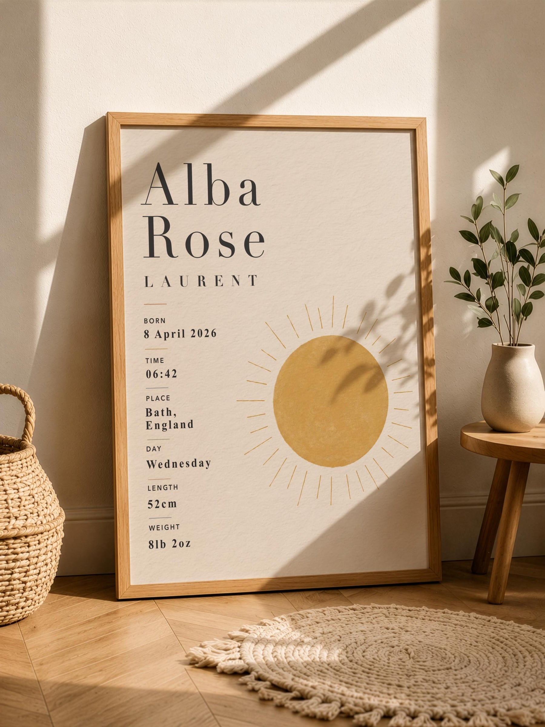 Personalised Sun Birth Record Print | Yellow Nursery Wall Art | Framed or Unframed