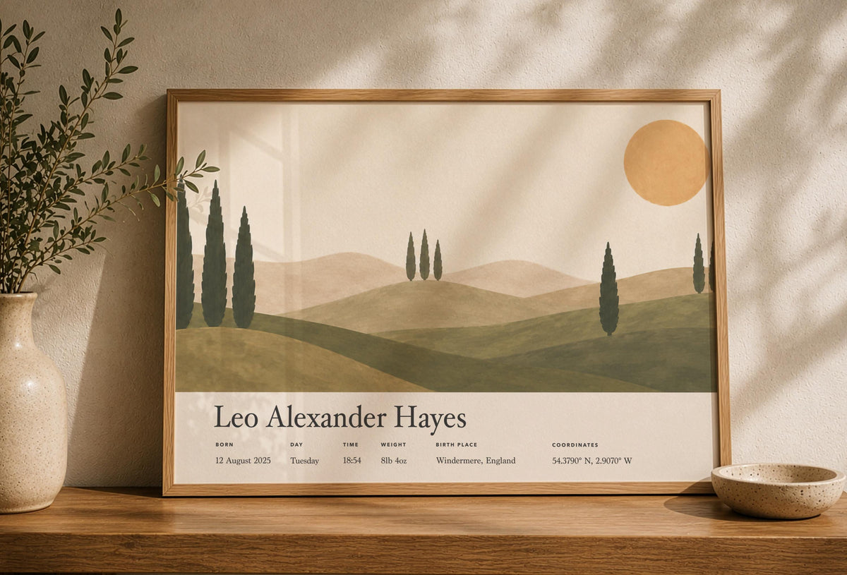 Personalised Birth Story Landscape Print | Mediterranean Nursery Wall Art | Framed or Unframed