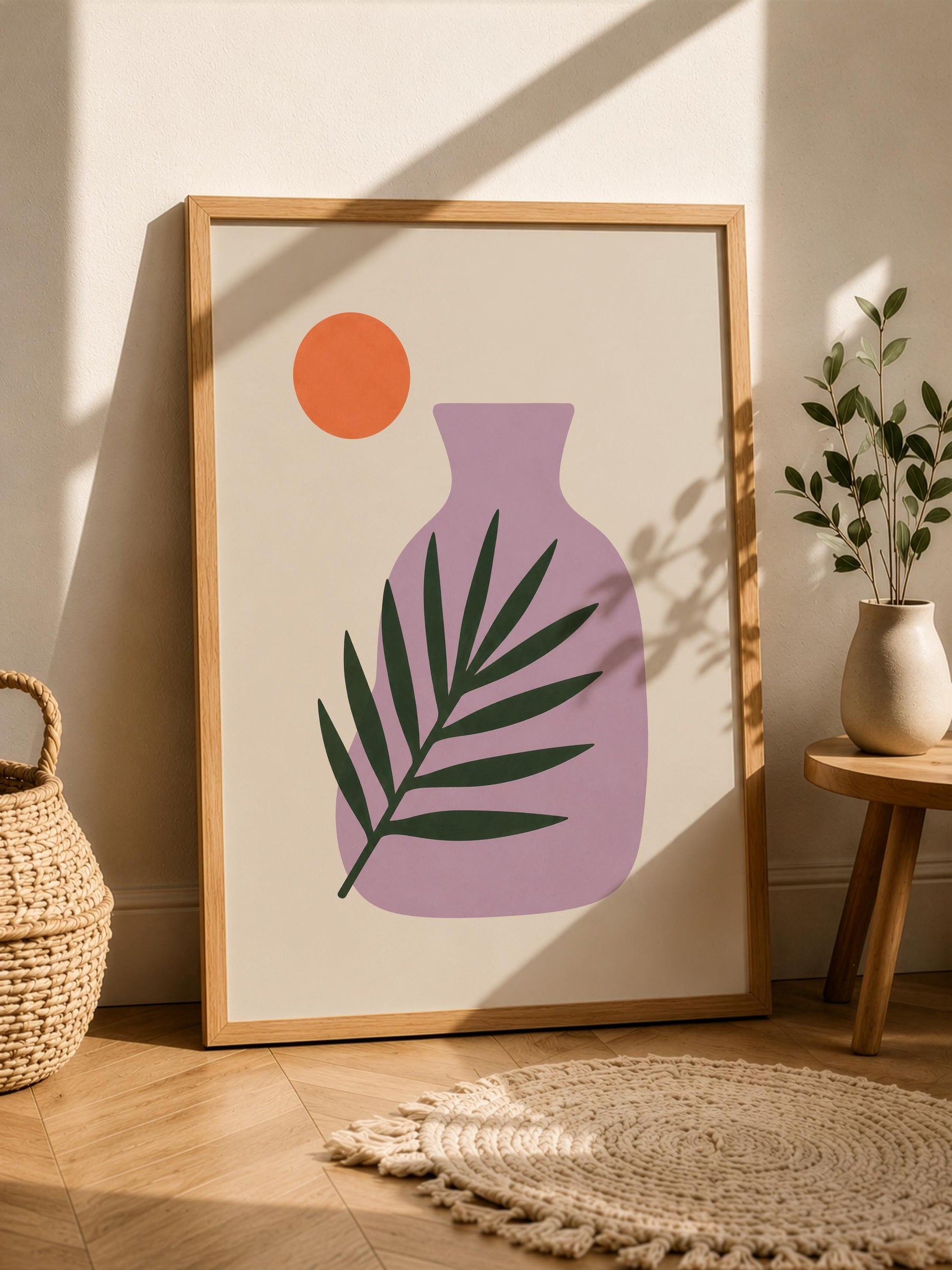 Sunset Palm Leaf Print | Purple Vase Botanical Art, Mediterranean Modern Decor | Framed or Unframed