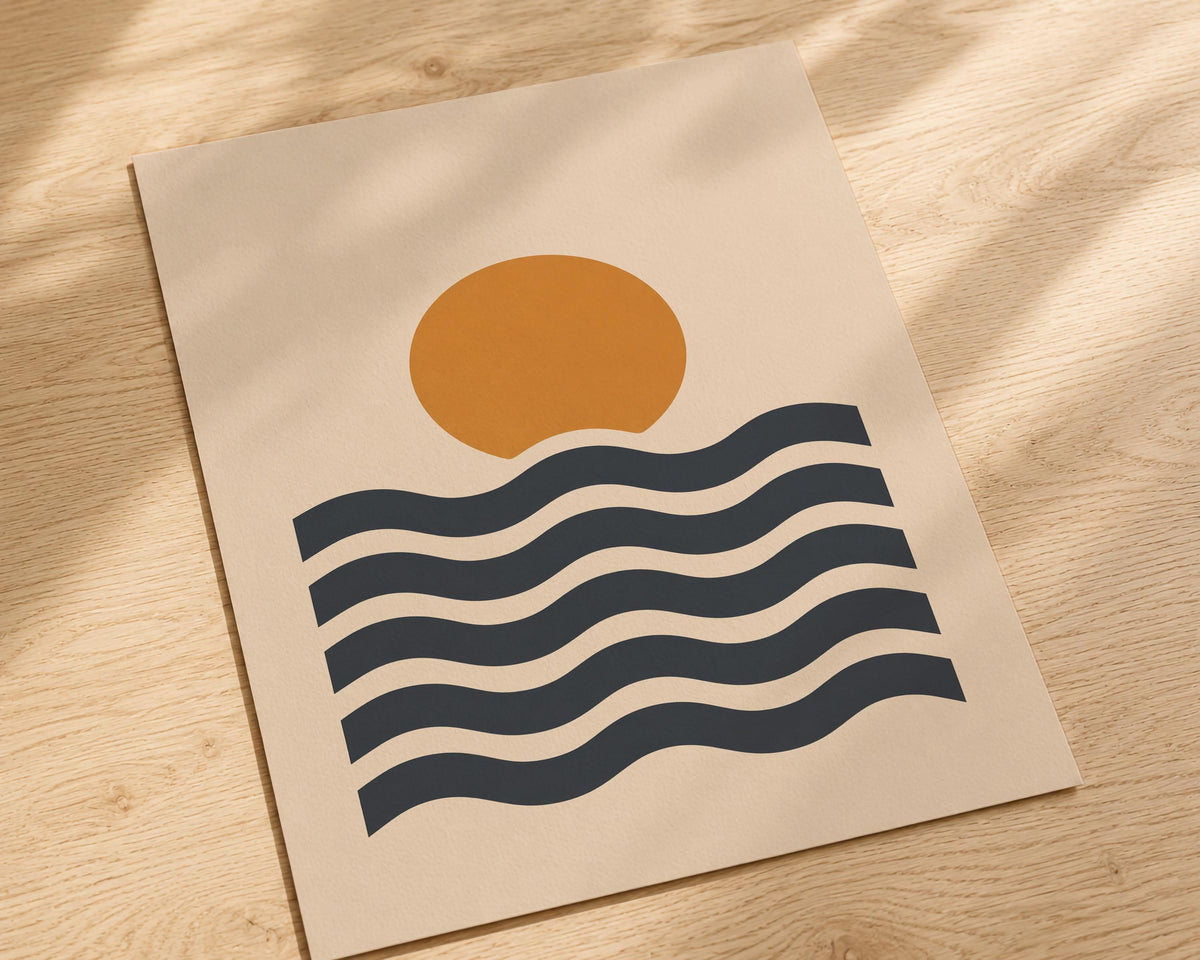 Sunset Waves Print | Scandinavian Coastal Wall Art | Framed or Unframed