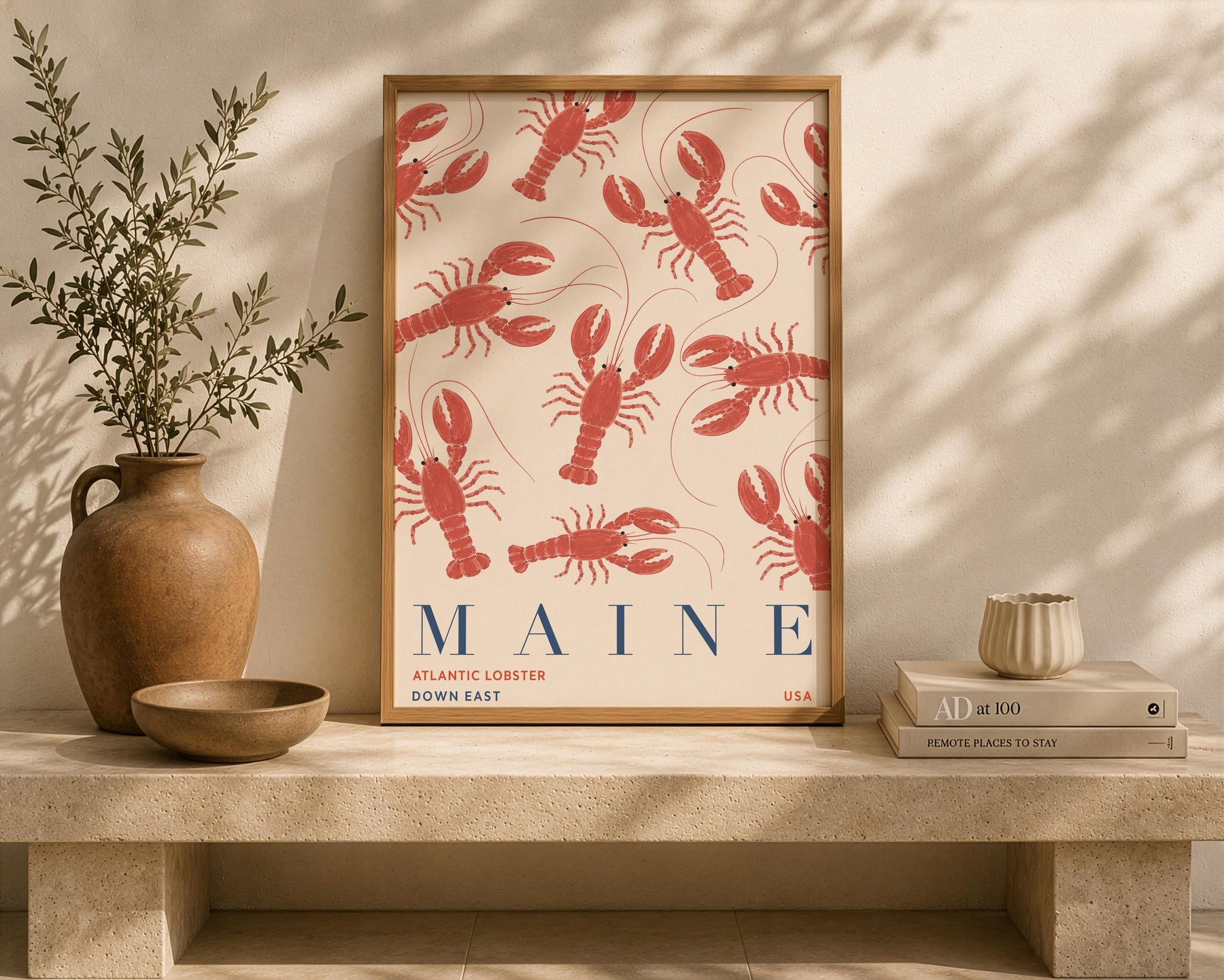 Maine Lobster Print | Coastal New England Travel Poster, Hand-Painted Nautical Art | Framed or Unframed