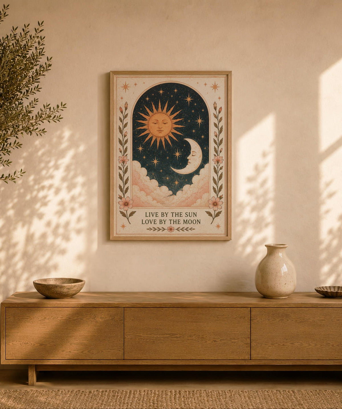 Live By The Sun Love by The Moon Celestial Folk Art Print | Inspirational Boho Illustration | Framed or Unframed