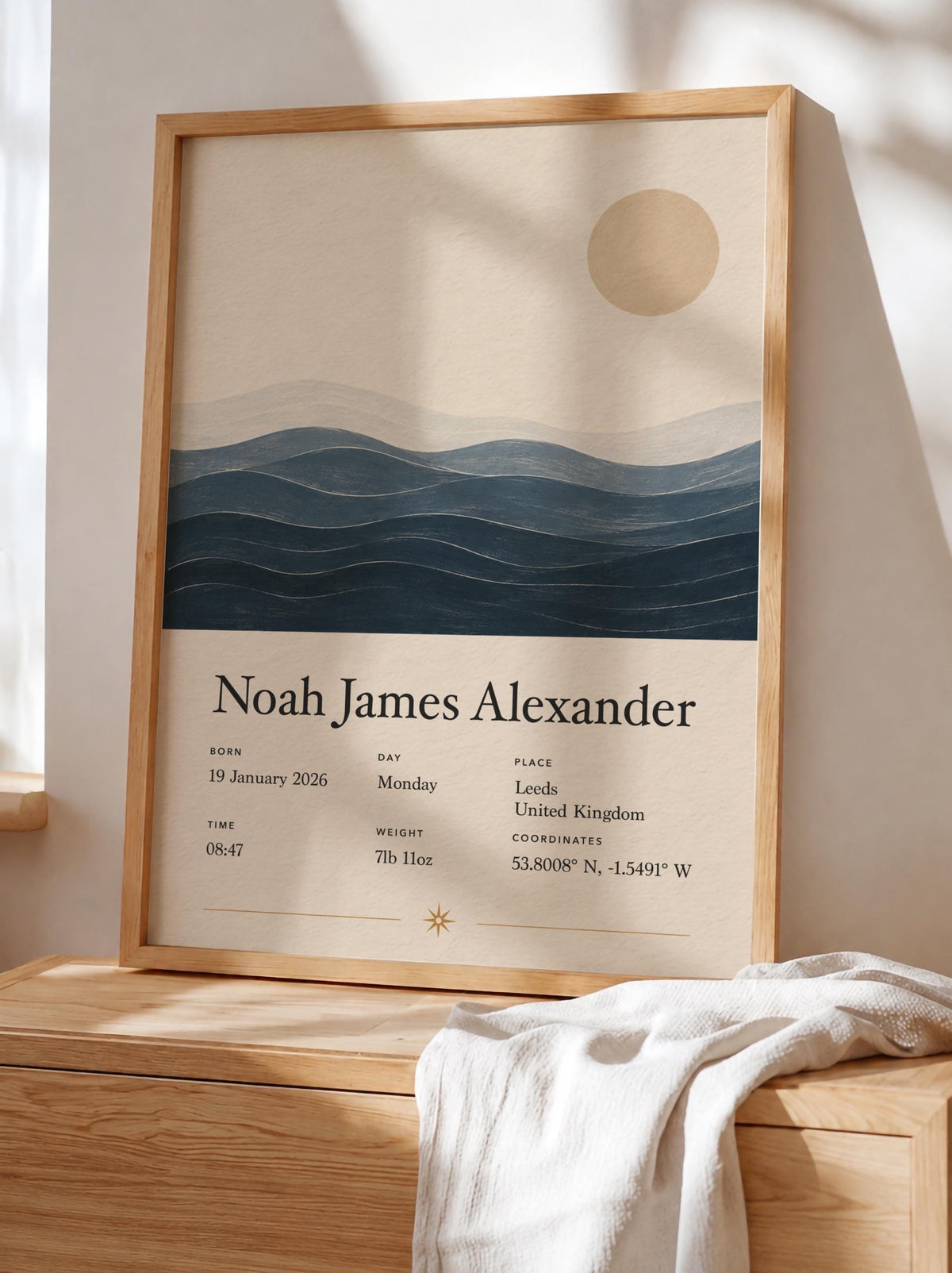 Personalised Birth Story Print | Ocean Waves Seascape Nursery Wall Art | Framed or Unframed