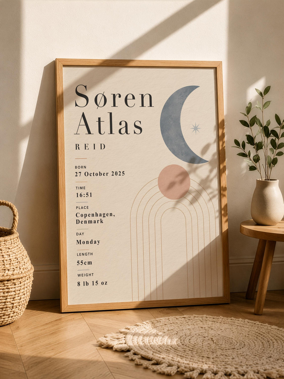 Personalised Moon Birth Record Print | Modern Nursery Wall Art | Framed or Unframed