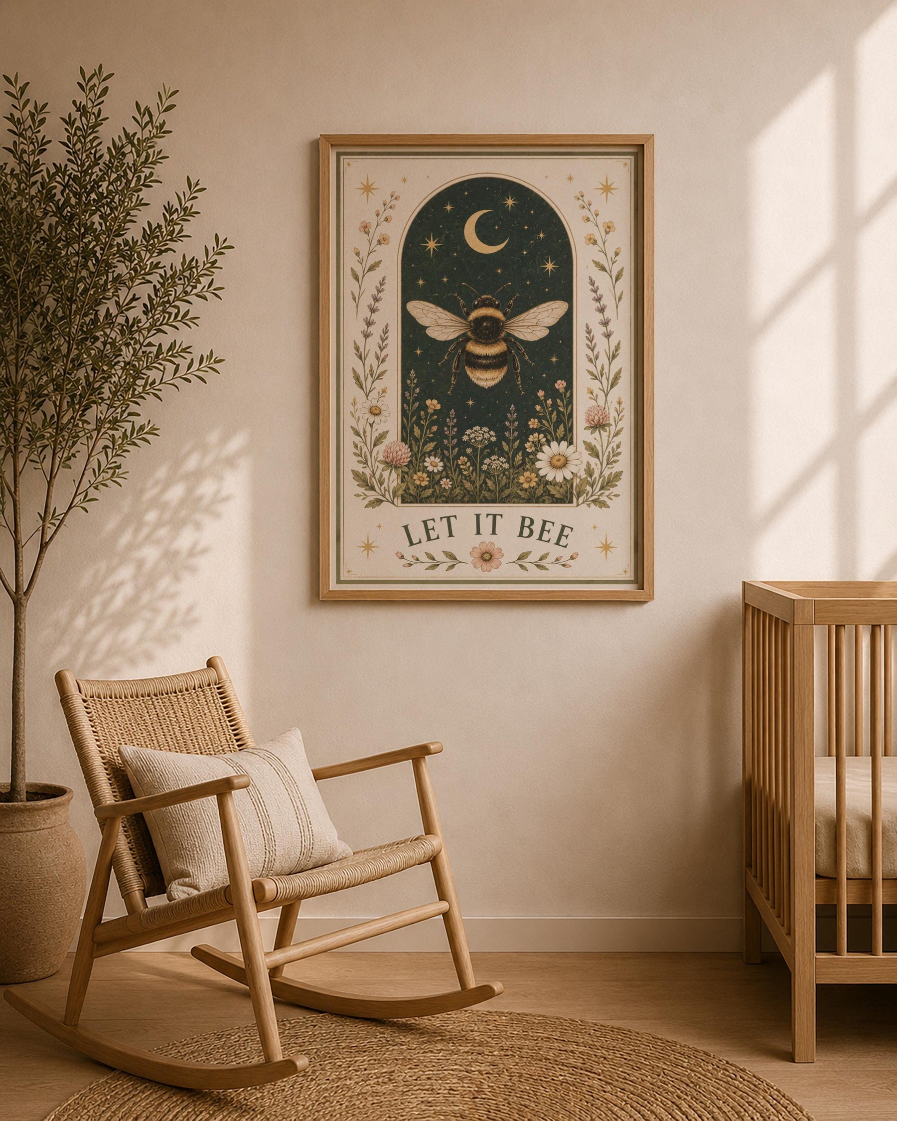 Bumblebee Folk Art Print | Celestial Moon, Wildflowers, Botanical Nature Decor | Framed or Unframed
