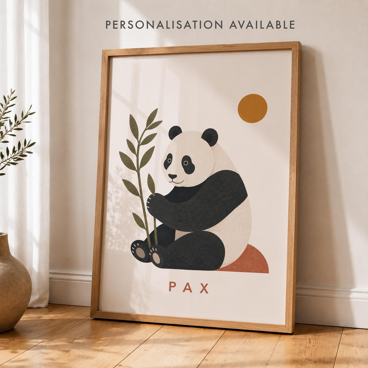 Personalised Panda Nursery Print, Modern Playroom Animal Wall Art, Framed or Unframed Poster