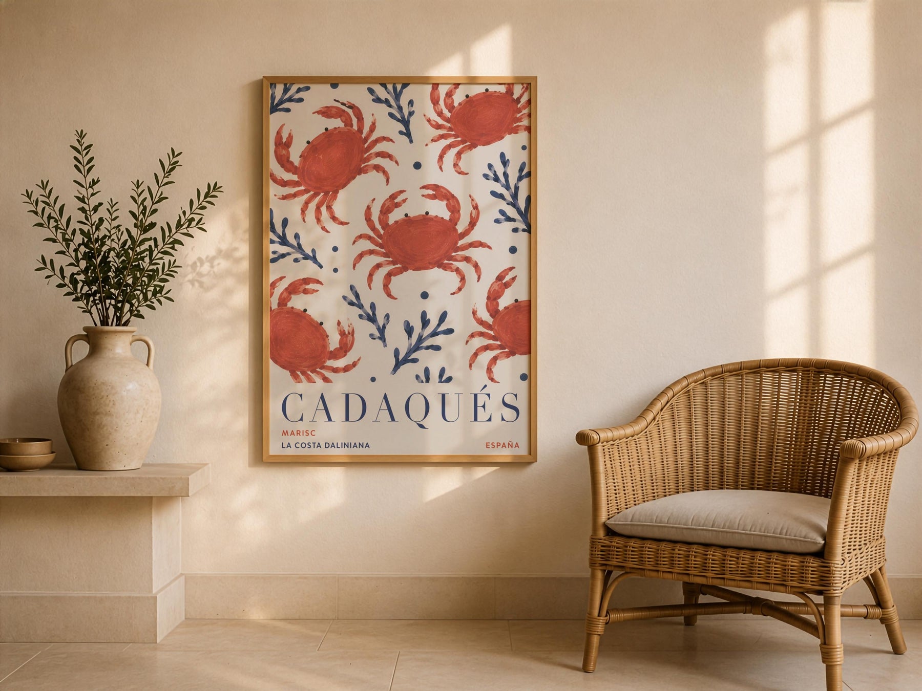 Cadaqués Spain Travel Poster | Hand-Painted Crab Coastal Mediterranean Wall Art | Framed or Unframed