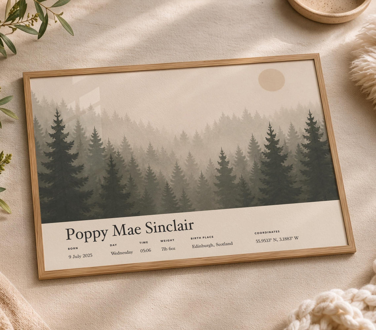Personalised Birth Story Print | Misty Forest Nursery Wall Art | Framed or Unframed