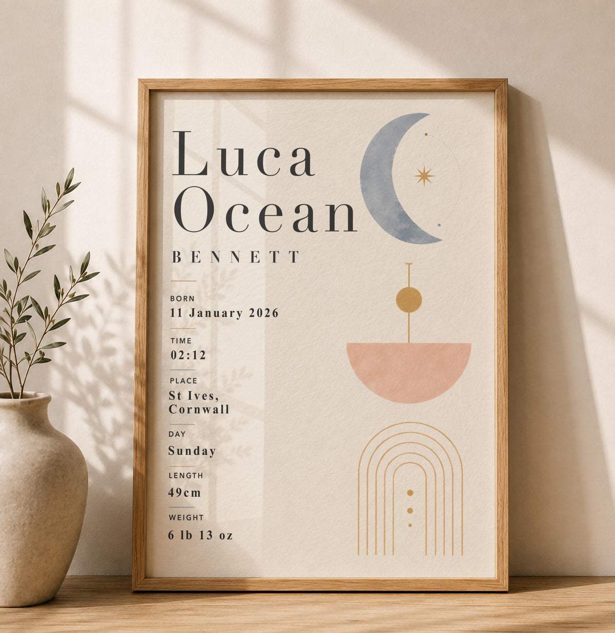 Personalised Celestial Birth Record Print | Modern Nursery Wall Art | Framed or Unframed