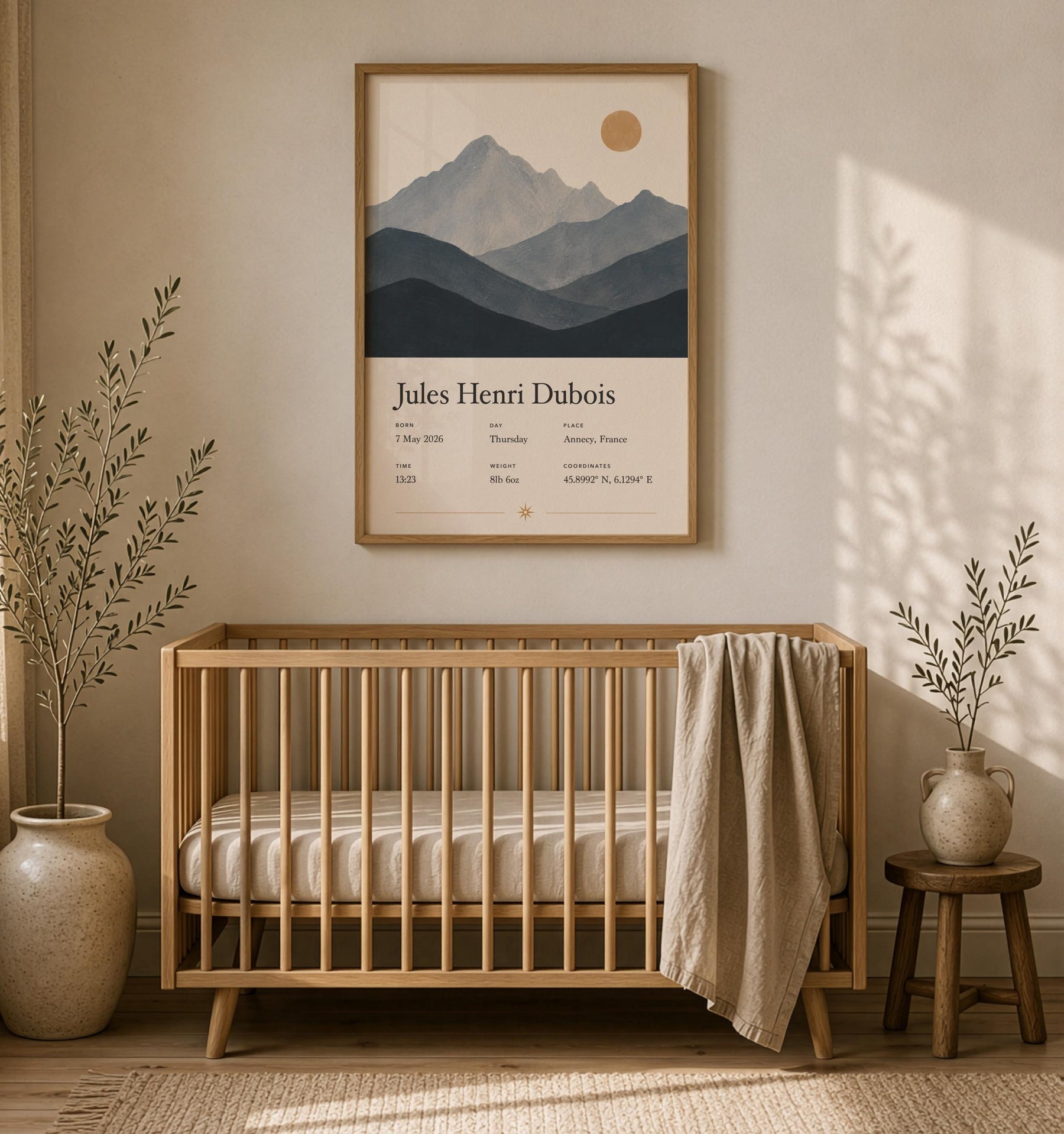 Personalised Birth Story Print | Mountain Landscape Nursery Wall Art | Framed or Unframed