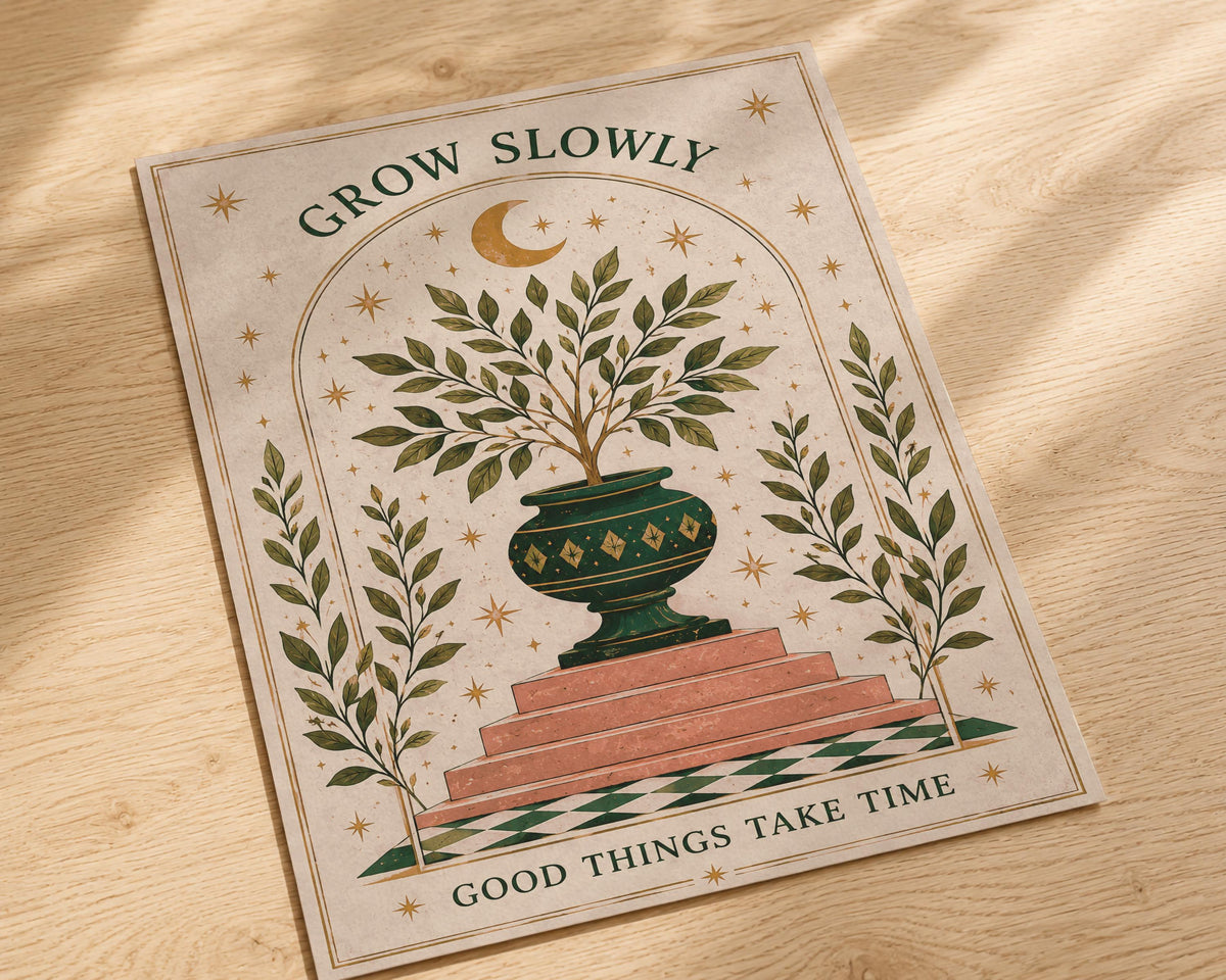 Grow Slowly Olive Tree Botanical Print | Inspirational Celestial Folk Nursery Wall Art | Framed or Unframed