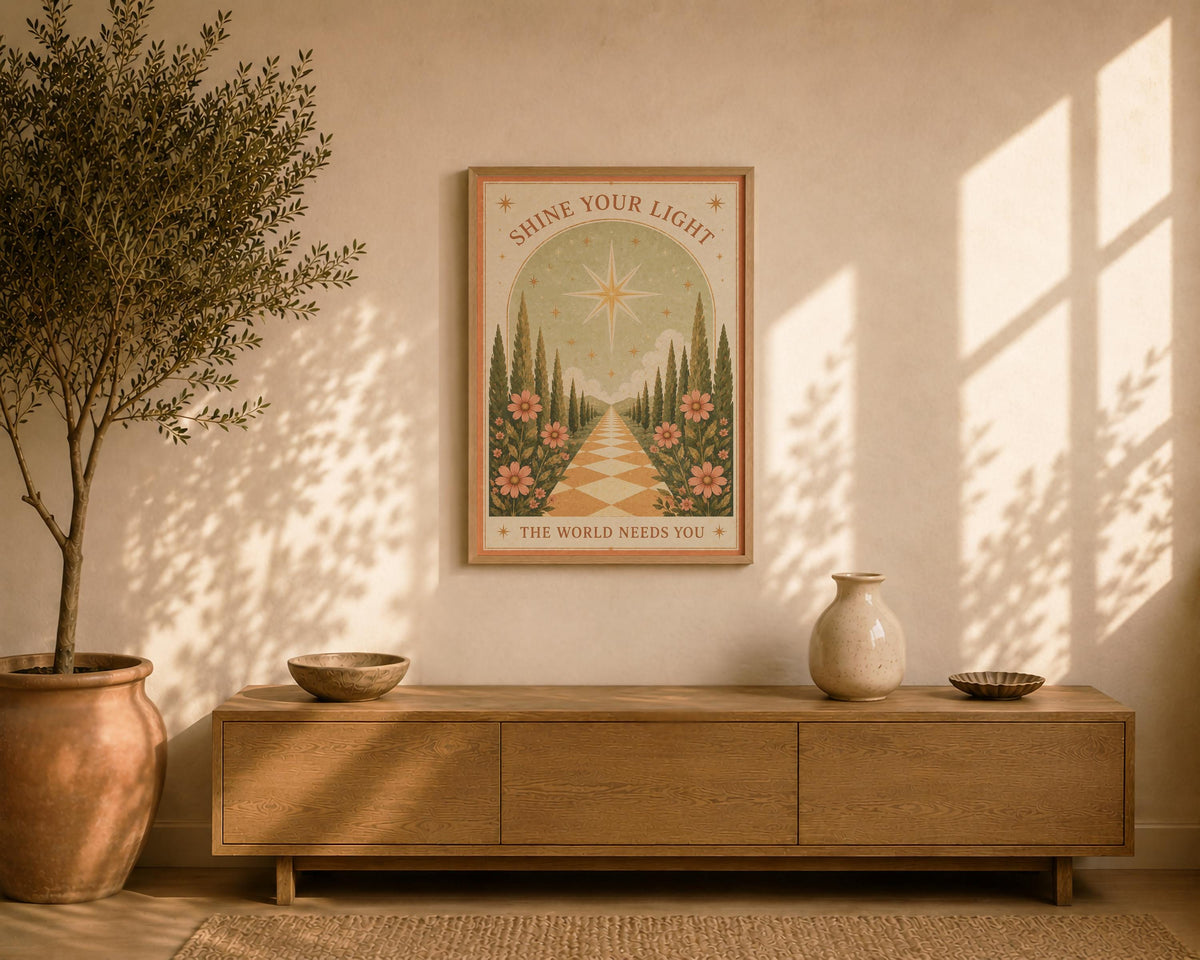 Shine Your Light Celestial Folk Art Print | Positive Message Inspirational Star Illustration | Framed or Unframed