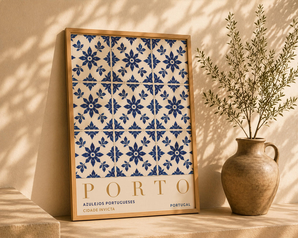 Porto Azulejo Tile Print | Portuguese Coastal Travel Poster | Framed or Unframed