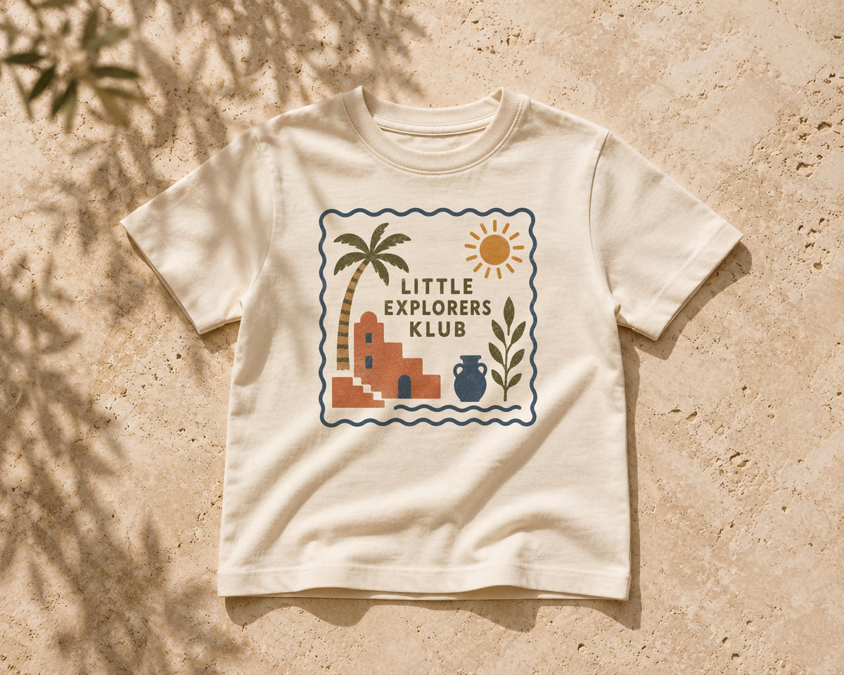 Little Explorers Klub Organic Cotton T-Shirt | Mediterranean Graphic Tee for Kids