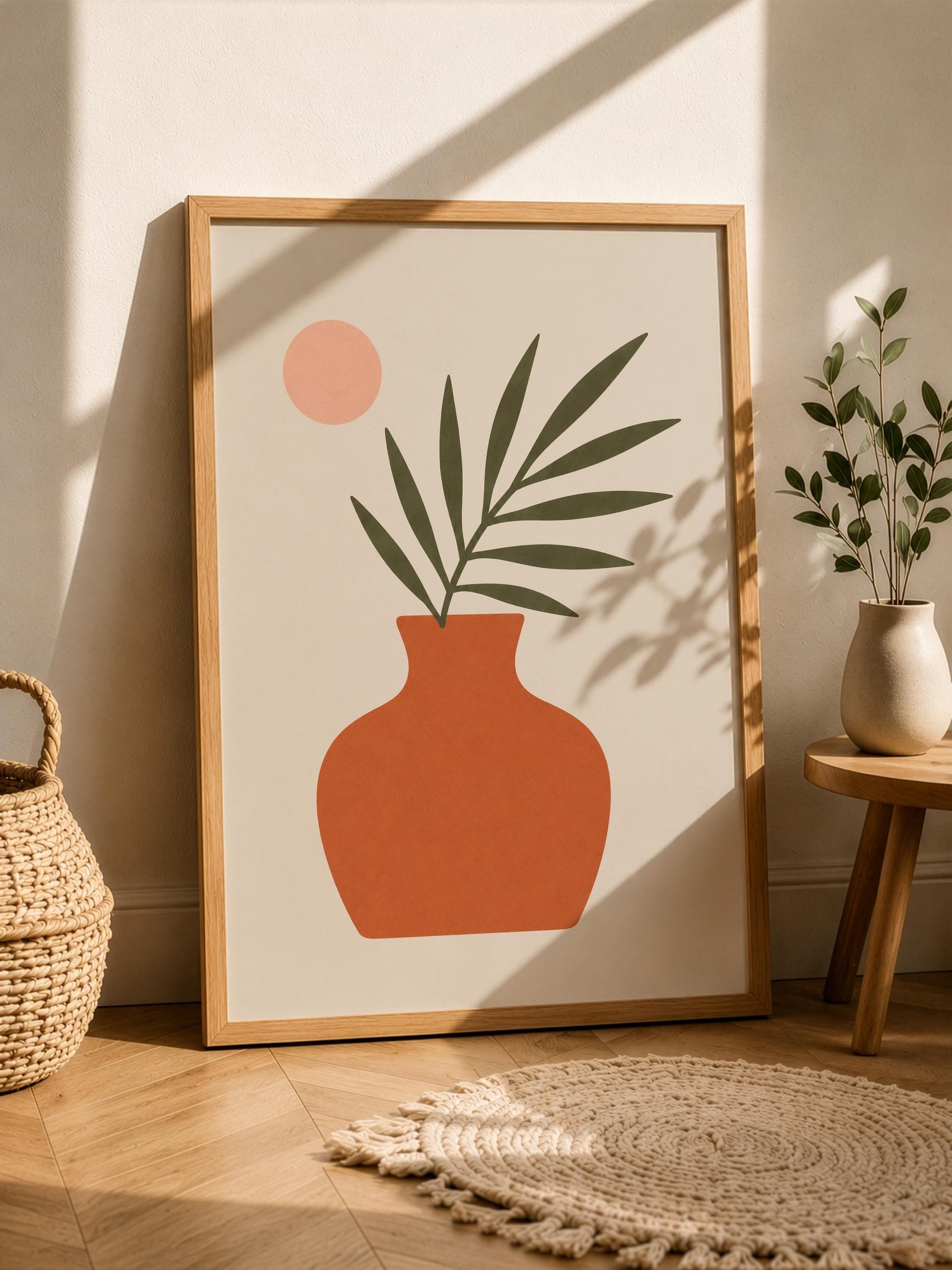 Vela Palm Leaf Vase Print | Minimalist Botanical Terracotta Wall Art | Framed or Unframed
