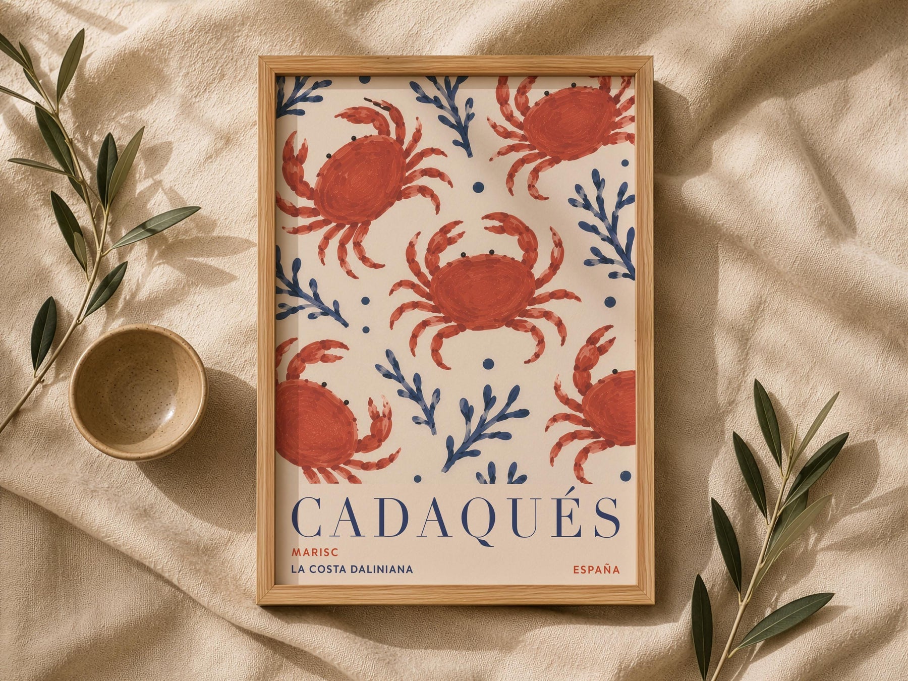 Cadaqués Spain Travel Poster | Hand-Painted Crab Coastal Mediterranean Wall Art | Framed or Unframed