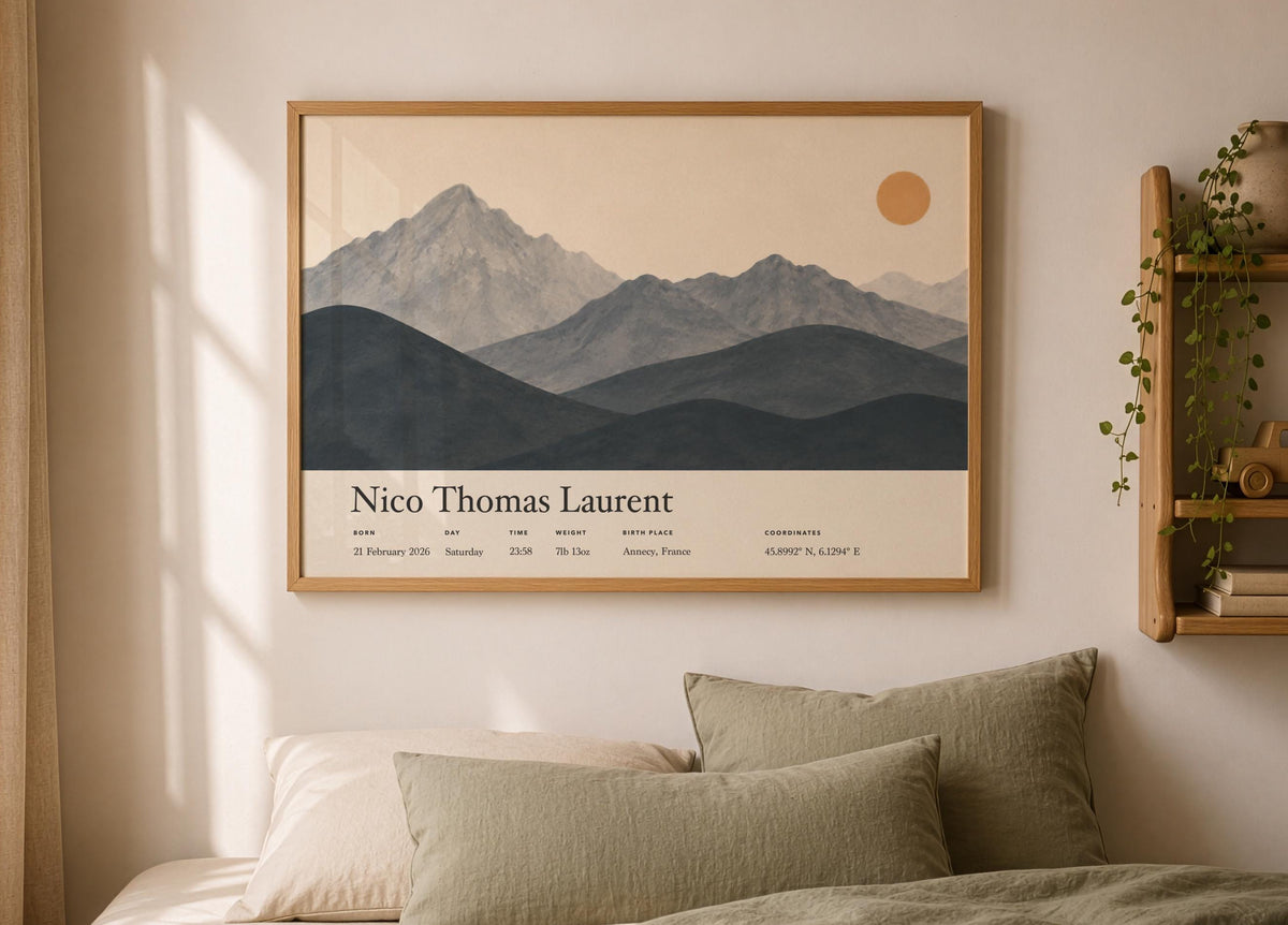 Personalised Birth Story Landscape Print | Mountain Nursery Wall Art | Framed or Unframed