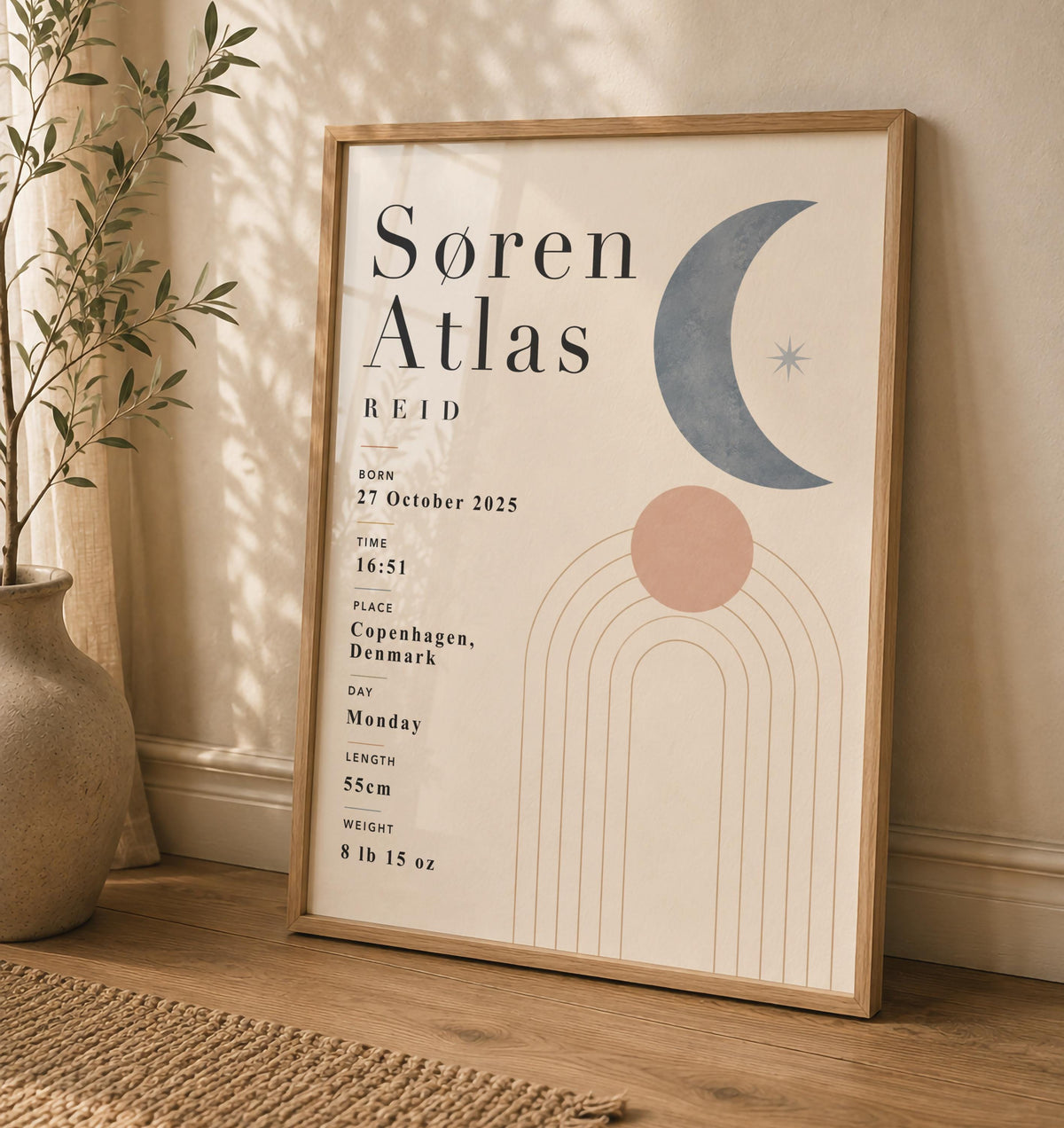 Personalised Moon Birth Record Print | Modern Nursery Wall Art | Framed or Unframed