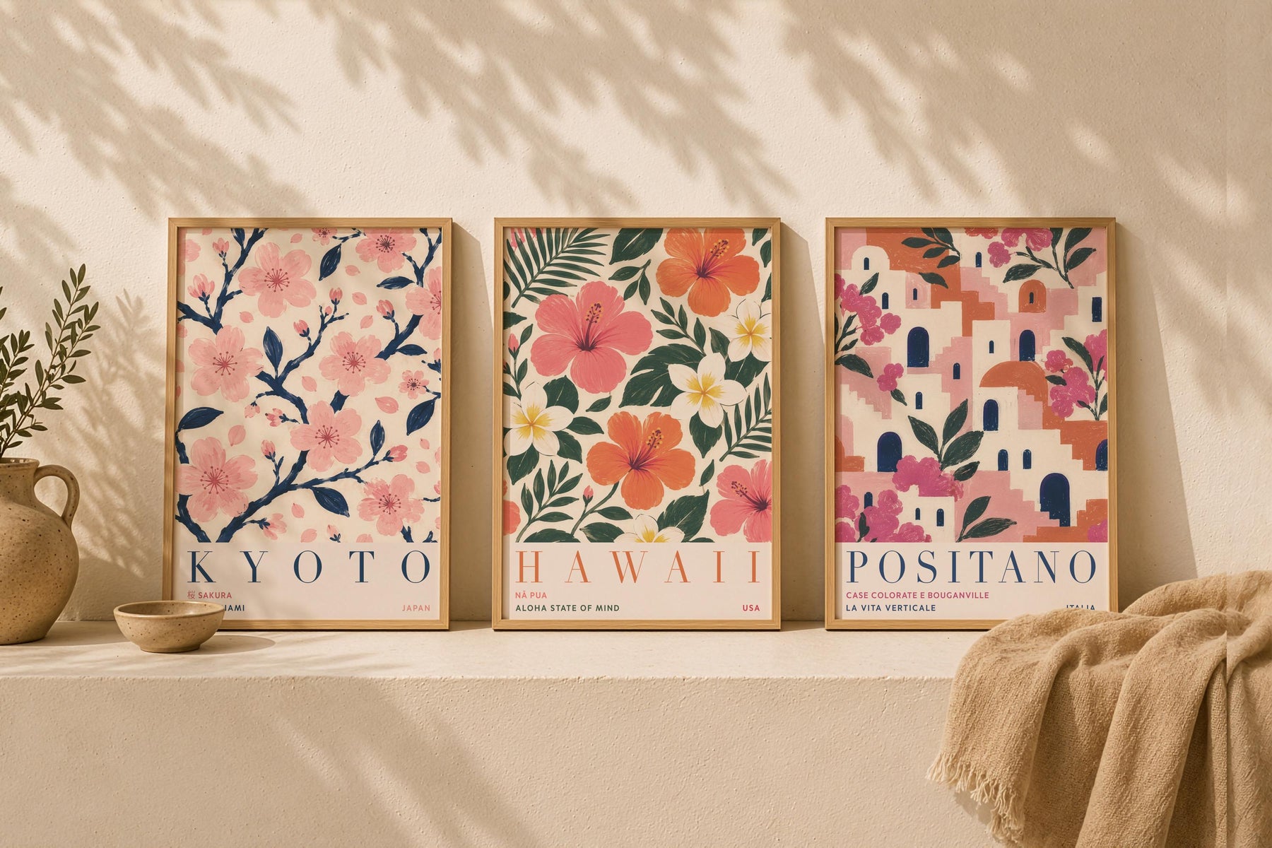 Positano Print | Amalfi Coast Travel Poster, Bougainvillea Floral Wall Art | Framed or Unframed