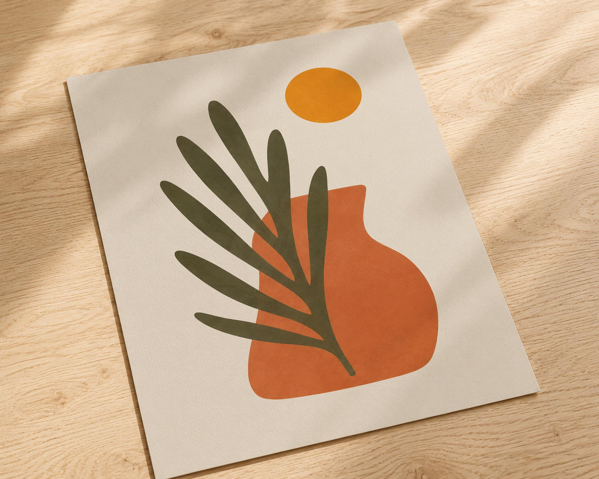 Sol Abstract Vase Palm Leaf Print | Mediterranean Organic Modern Wall Art | Framed or Unframed