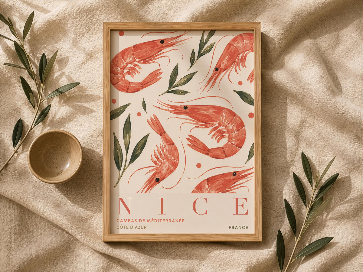 Nice France Travel Poster | Hand-Painted Shrimp, Côte d’Azur Coastal Art | Framed or Unframed