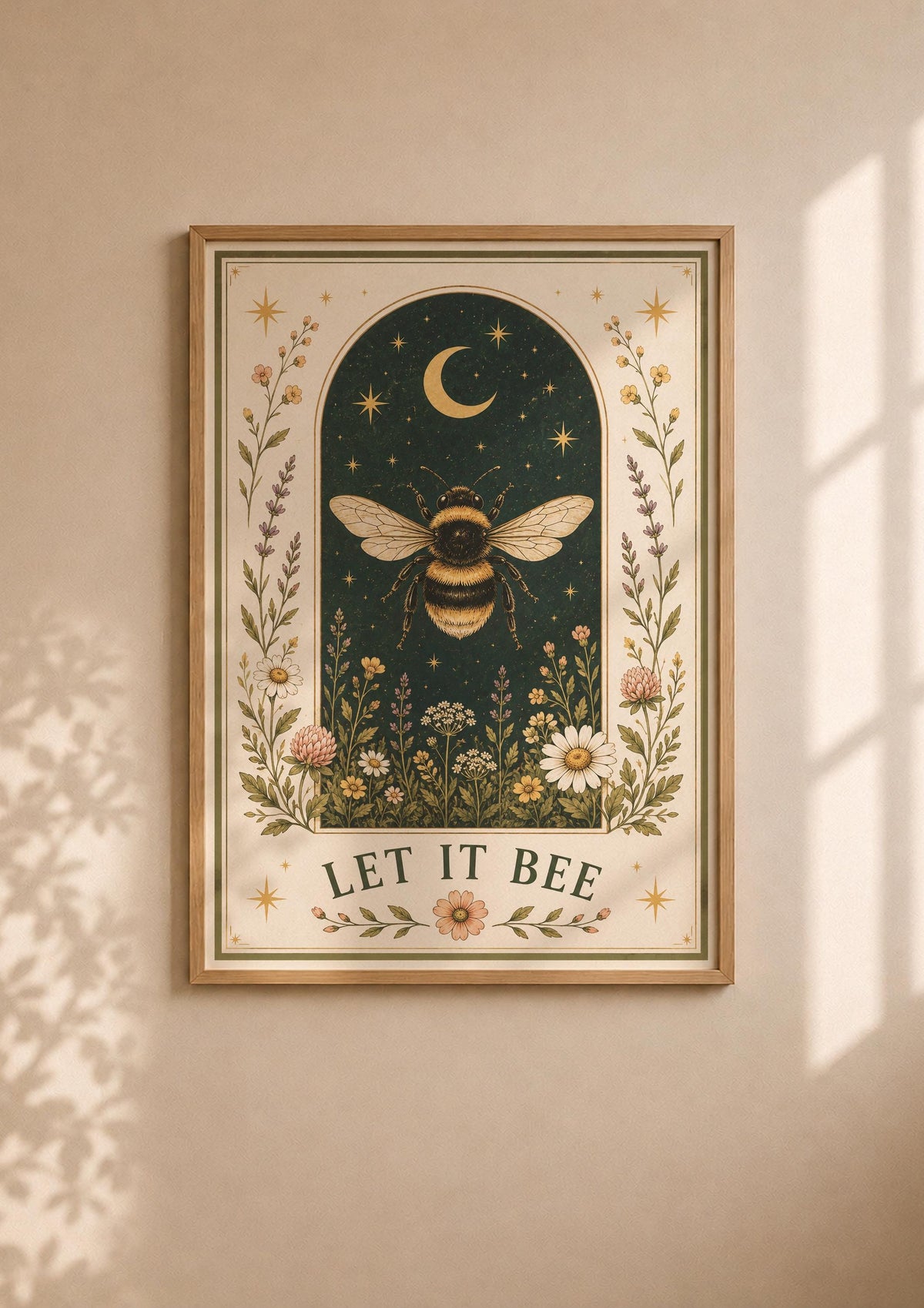 Bumblebee Folk Art Print | Celestial Moon, Wildflowers, Botanical Nature Decor | Framed or Unframed