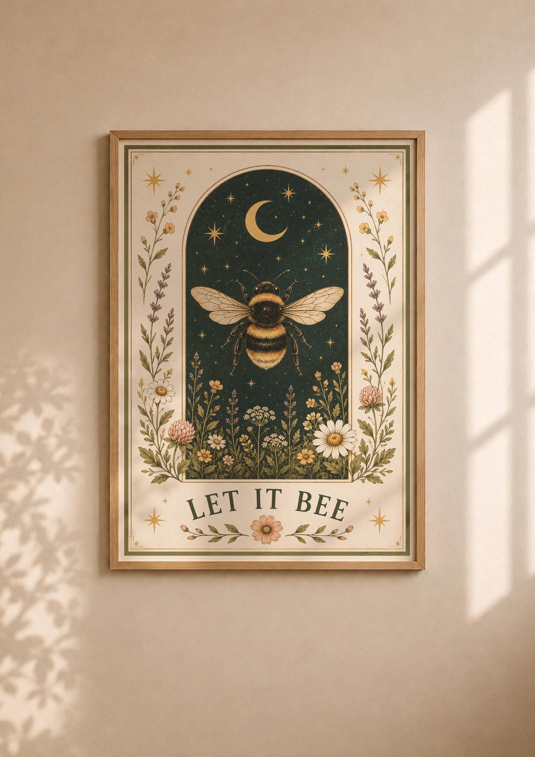Bumblebee Folk Art Print | Celestial Moon, Wildflowers, Botanical Nature Decor | Framed or Unframed