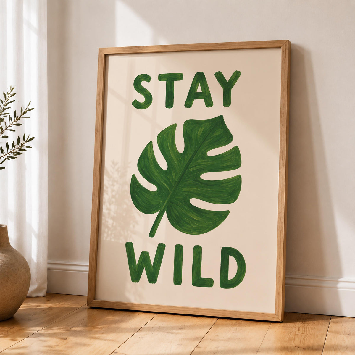 Stay Wild Monstera Leaf Print | Hand-Painted Botanical Kids Nursery Wall Art | Framed or Unframed