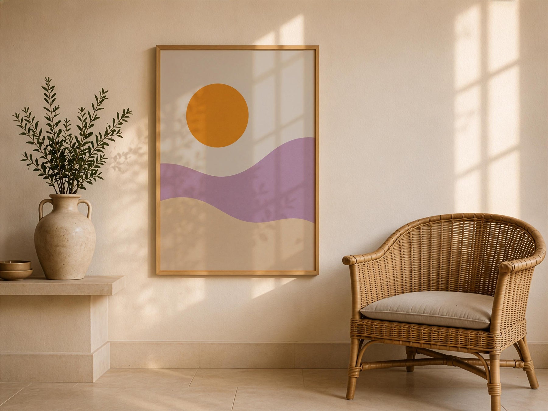 Desert Dunes Abstract Print | Minimalist Lilac Hills, Golden Sun Wall Art | Framed or Unframed