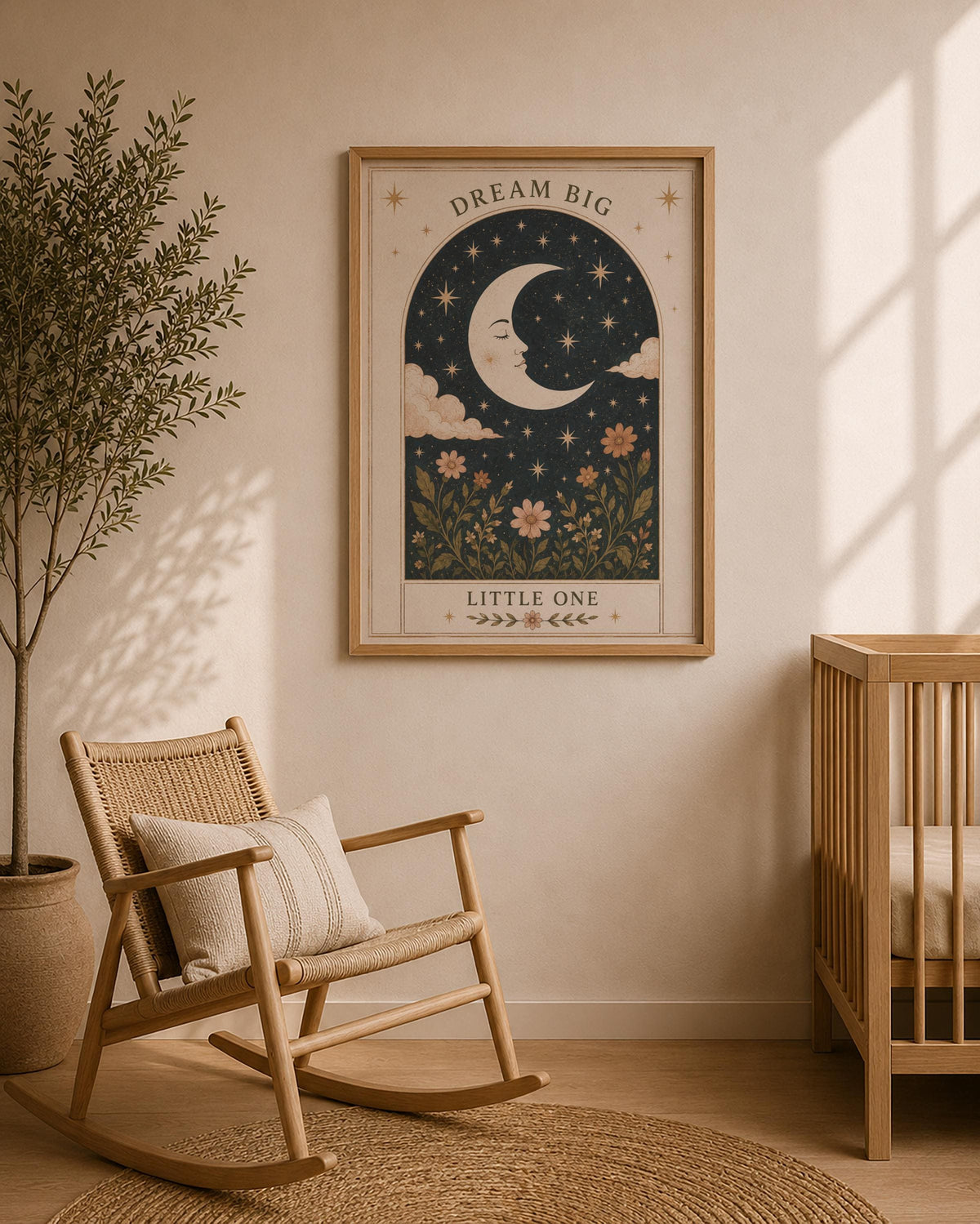 Dream Big Little One Celestial Moon Nursery Print | Folk Art Illustration Kids Room Wall Decor | Framed or Unframed