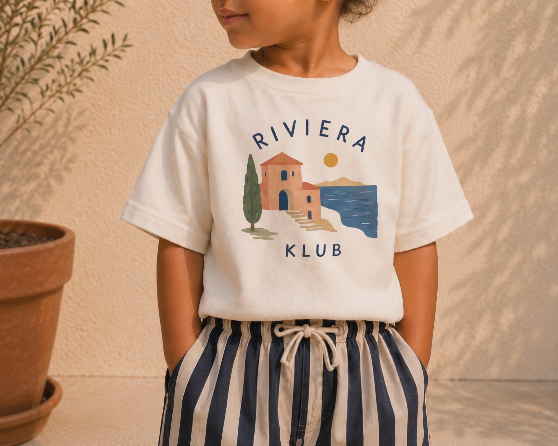 Riviera Klub Kids T-Shirt - Organic Cotton Mediterranean Coastal Graphic Tee, Summer Kids Clothing