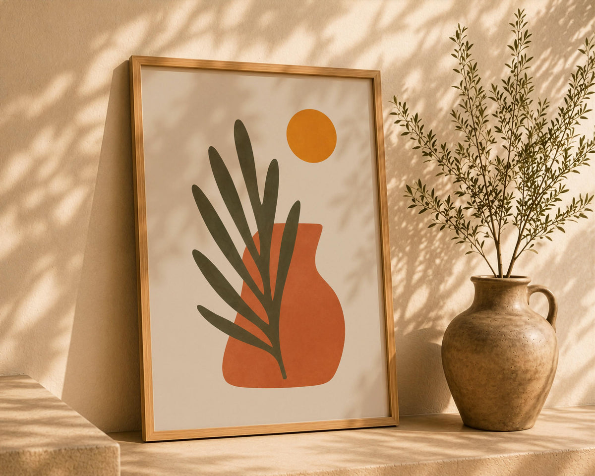 Sol Abstract Vase Palm Leaf Print | Mediterranean Organic Modern Wall Art | Framed or Unframed