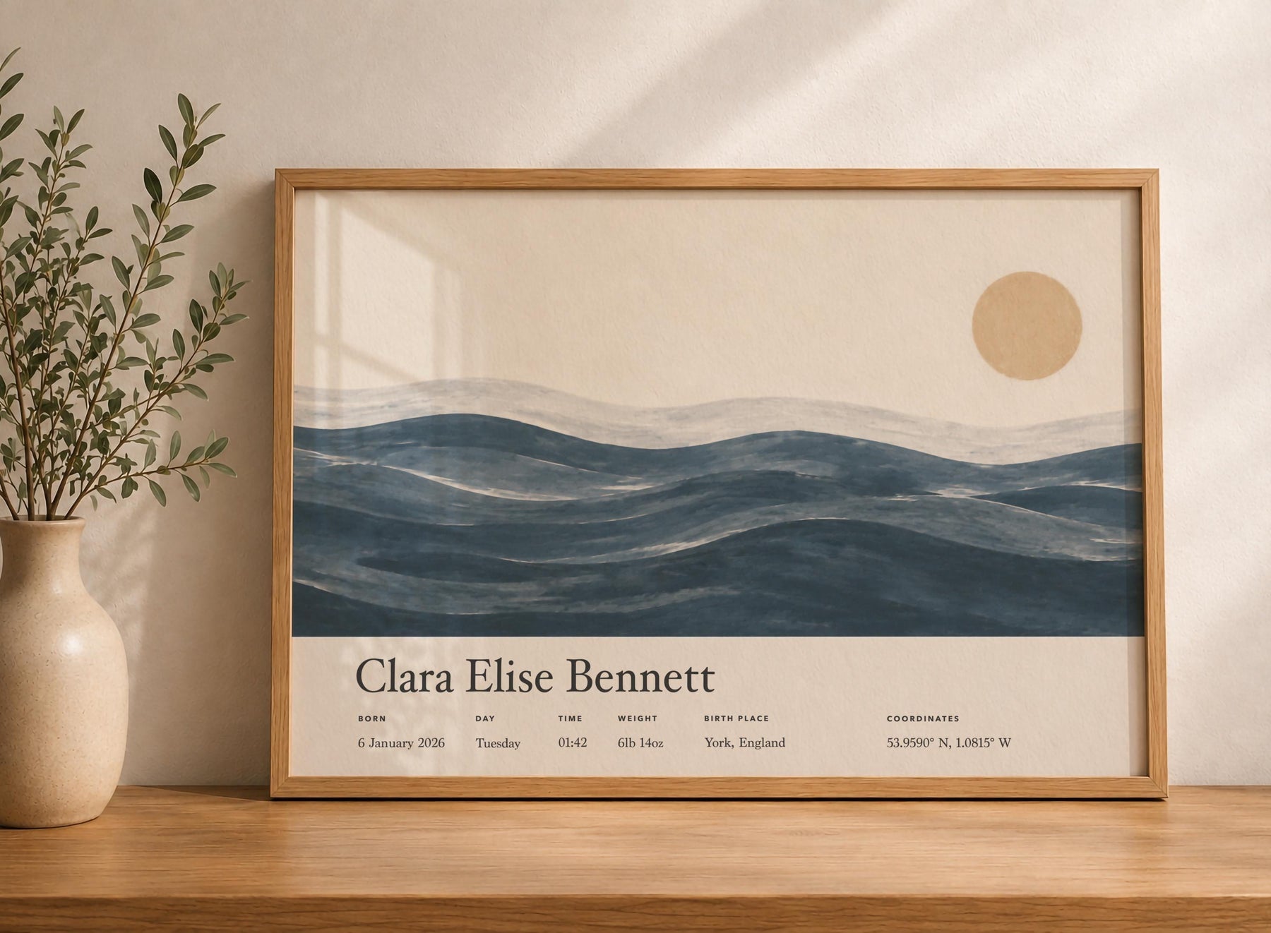 Personalised Birth Story Landscape Print | Ocean Seascape Nursery Wall Art | Framed or Unframed