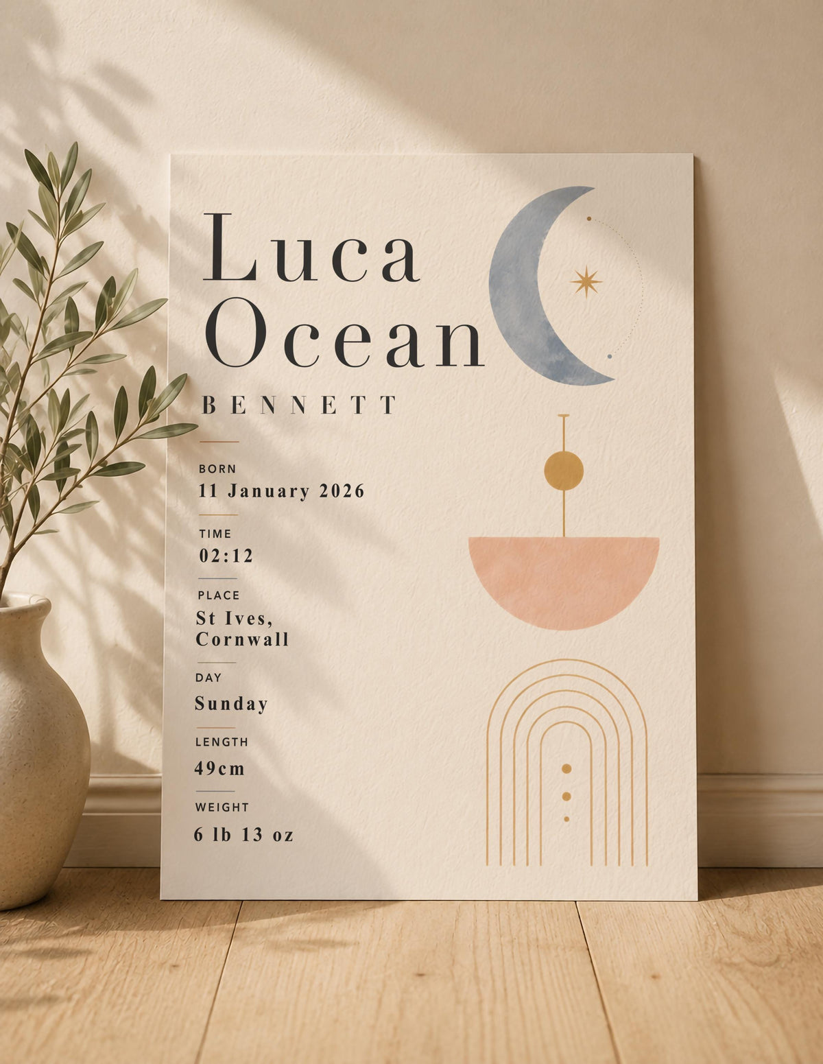 Personalised Celestial Birth Record Print | Modern Nursery Wall Art | Framed or Unframed