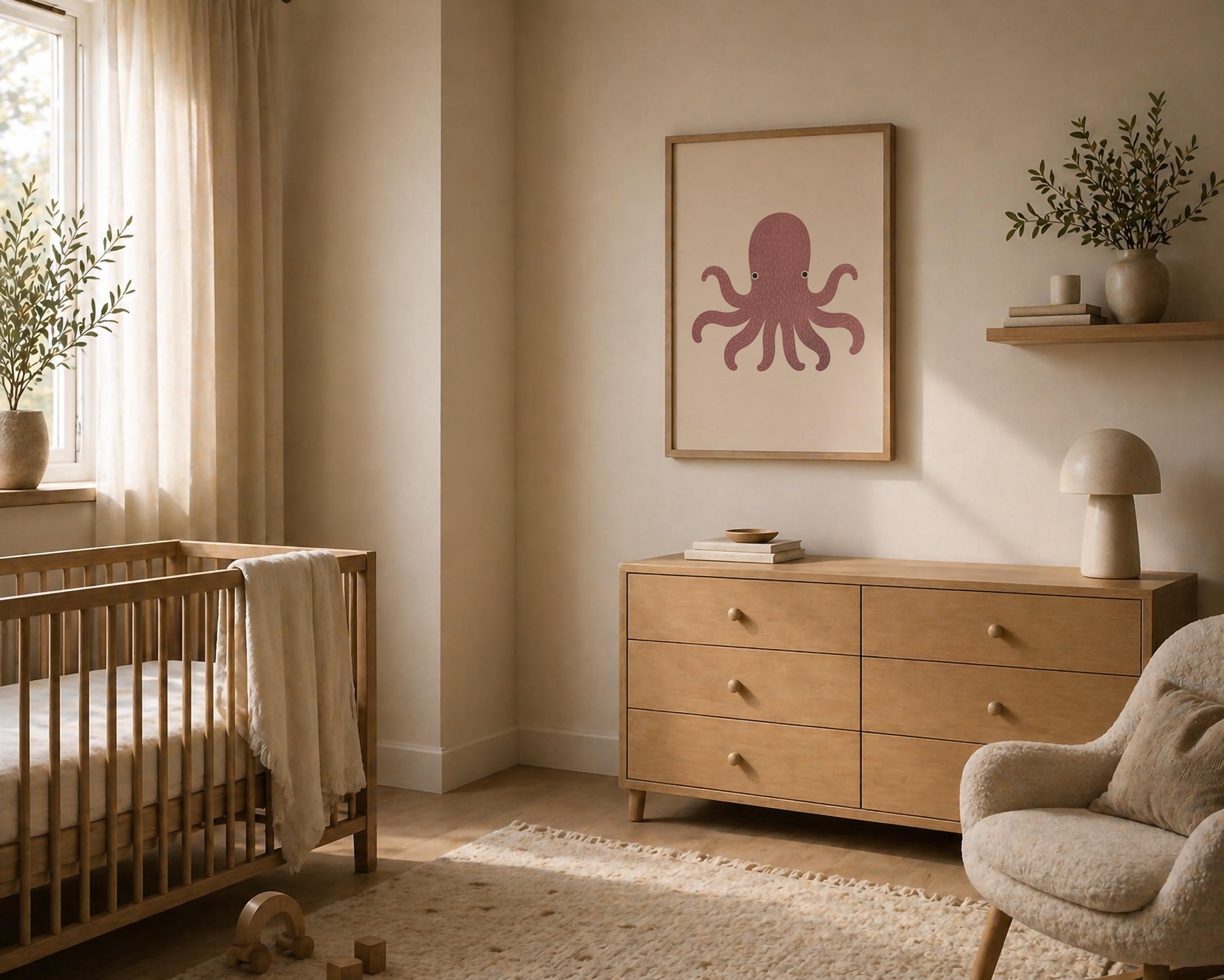Hand-Painted Octopus Print | Minimalist Scandinavian Coastal Nursery Decor | Framed or Unframed