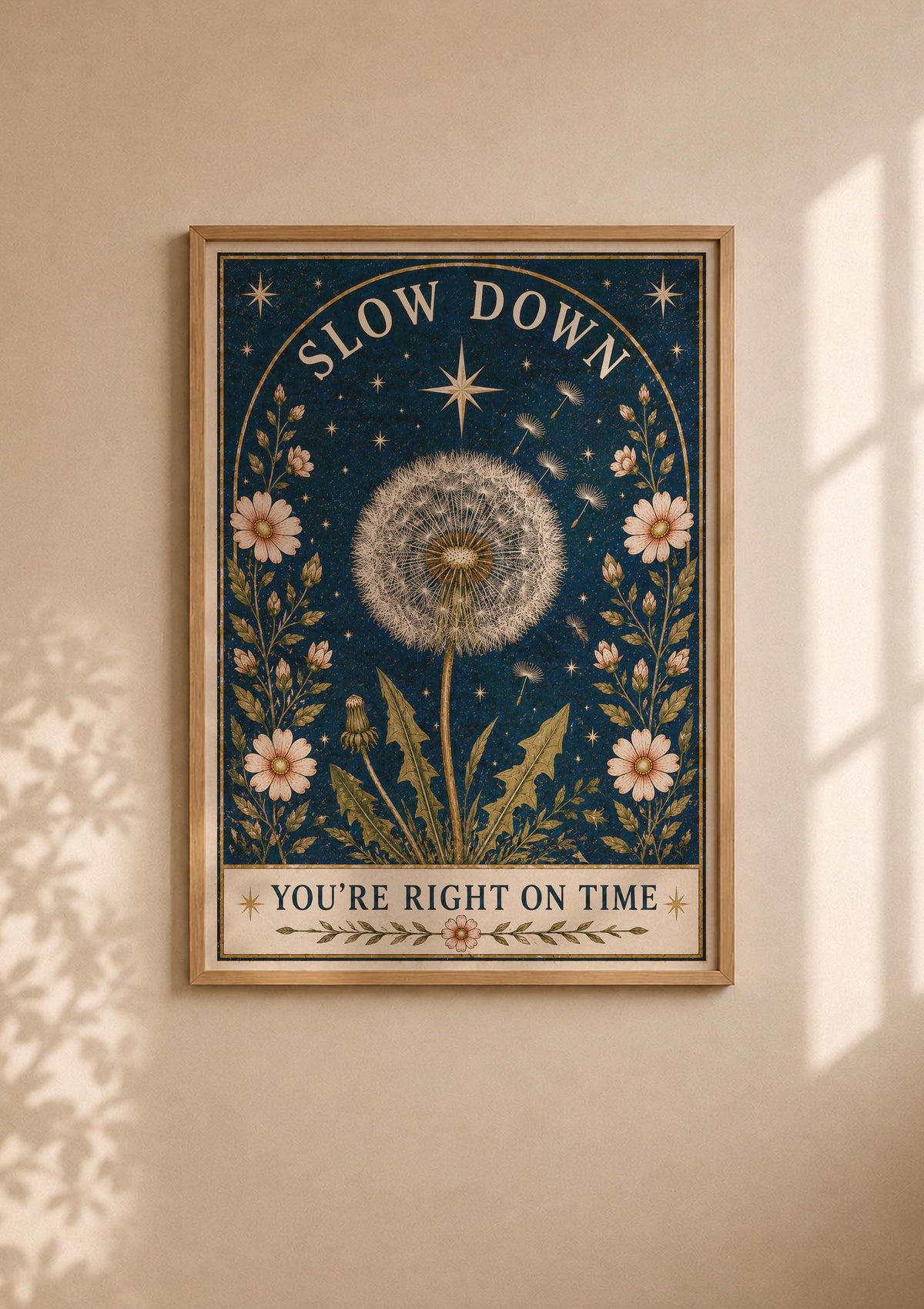 Celestial Dandelion Print | Positive Message Folk Art Wildflower Wall Art | Framed or Unframed