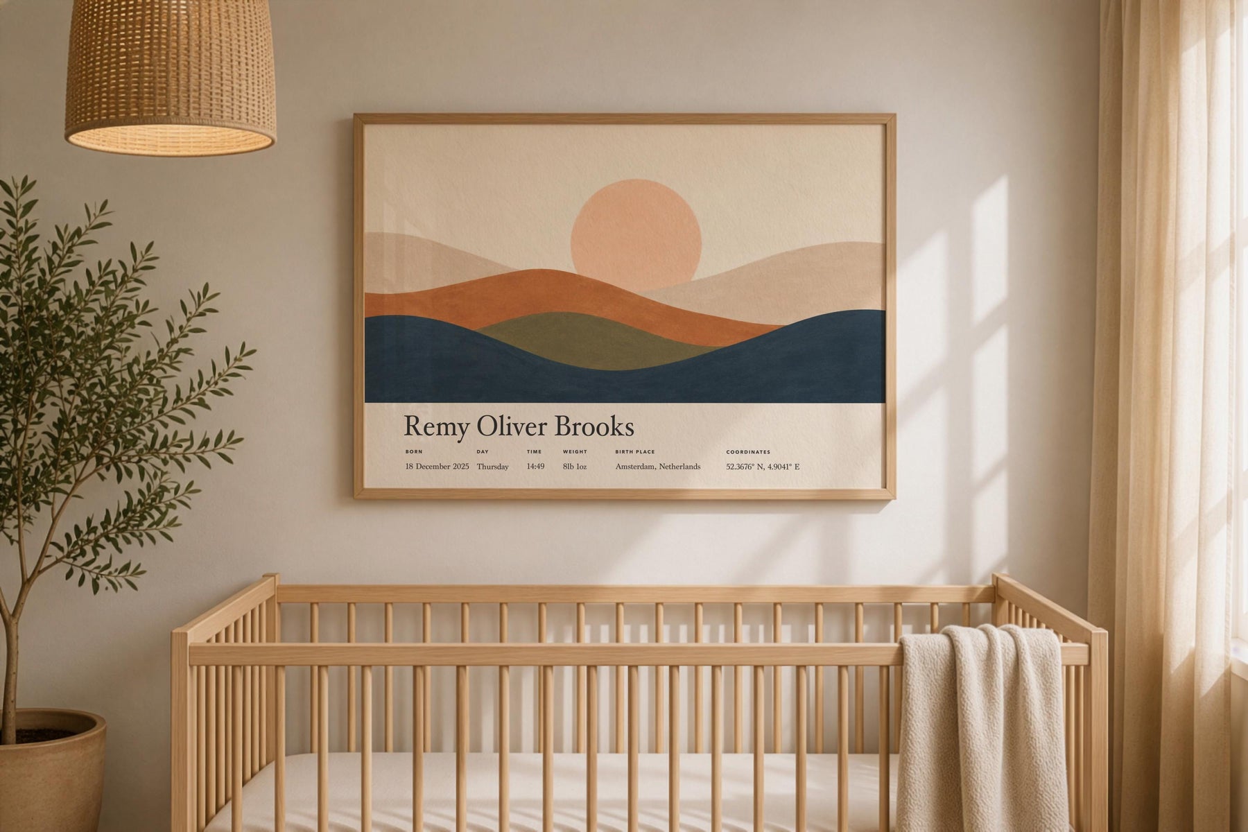 Personalised Birth Story Landscape Print | Rolling Hills Sunrise Nursery Art | Framed or Unframed
