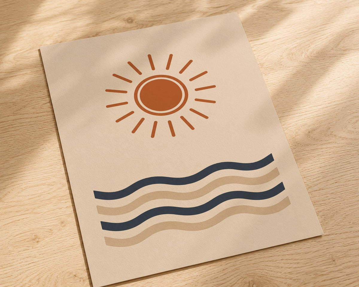Sun and Waves Print | Coastal Minimalist Beach House Wall Art | Framed or Unframed