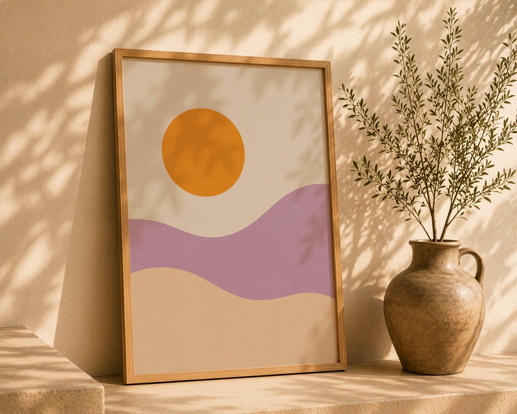 Desert Dunes Abstract Print | Minimalist Lilac Hills, Golden Sun Wall Art | Framed or Unframed