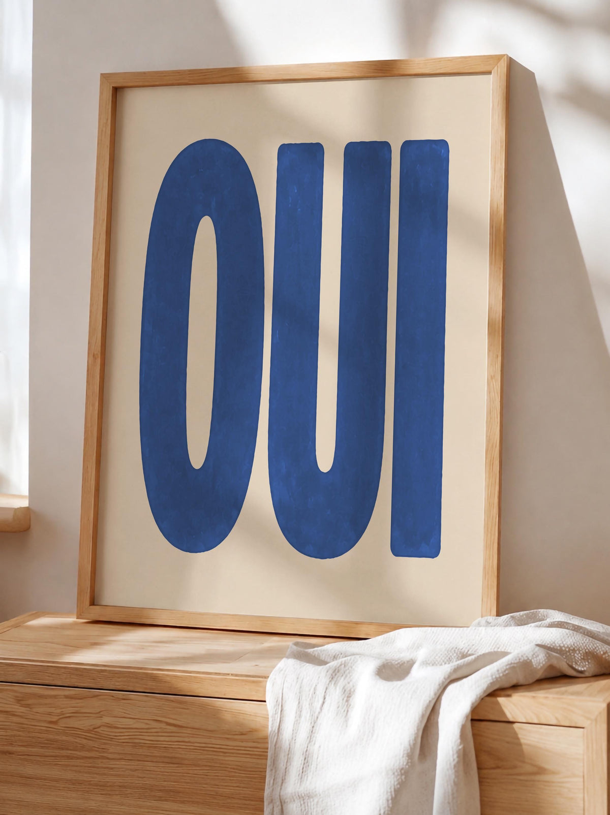 Oui Print | French Typography Wall Art, Hand-Painted Cobalt Blue Decor | Framed or Unframed