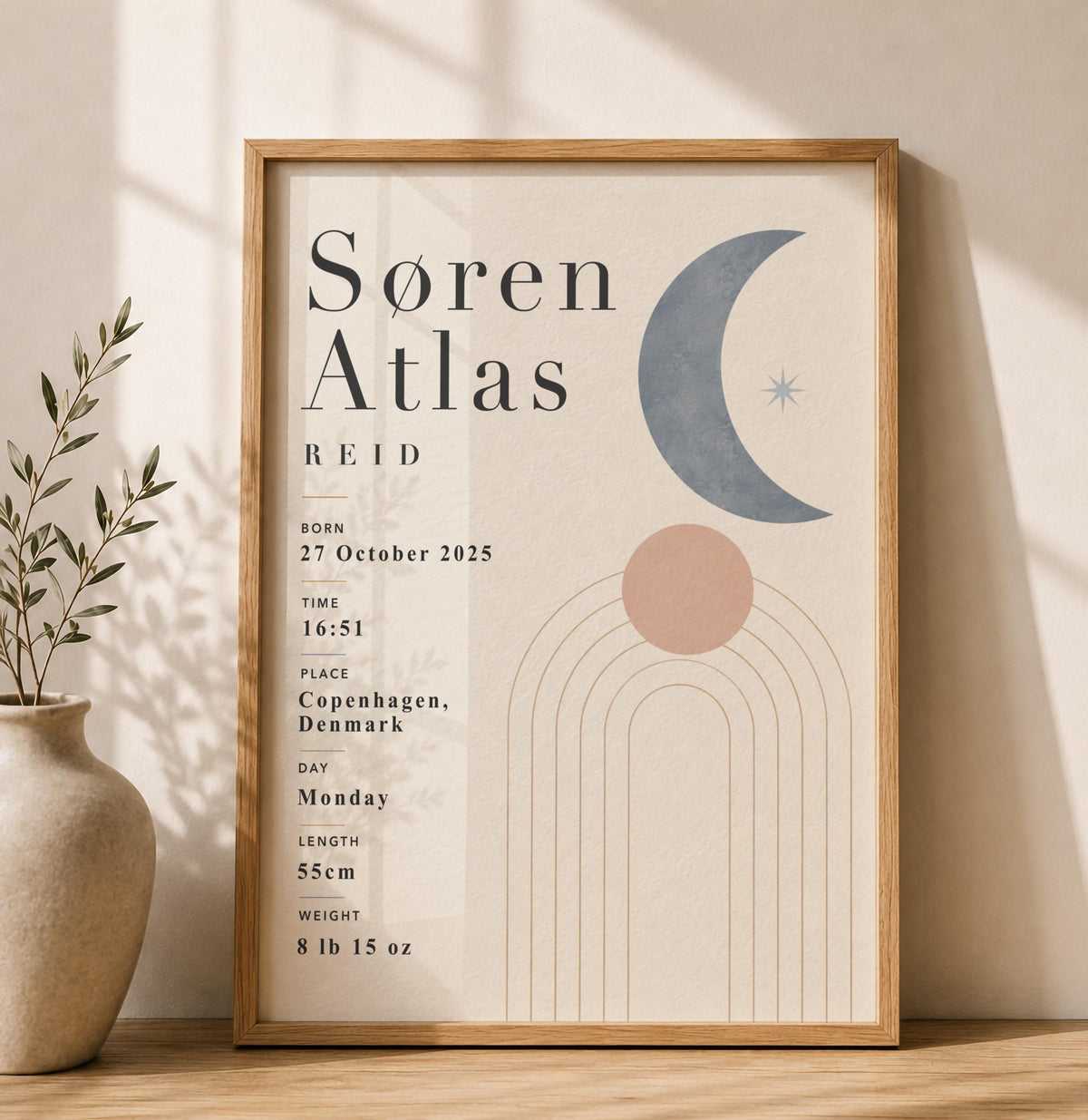 Personalised Moon Birth Record Print | Modern Nursery Wall Art | Framed or Unframed