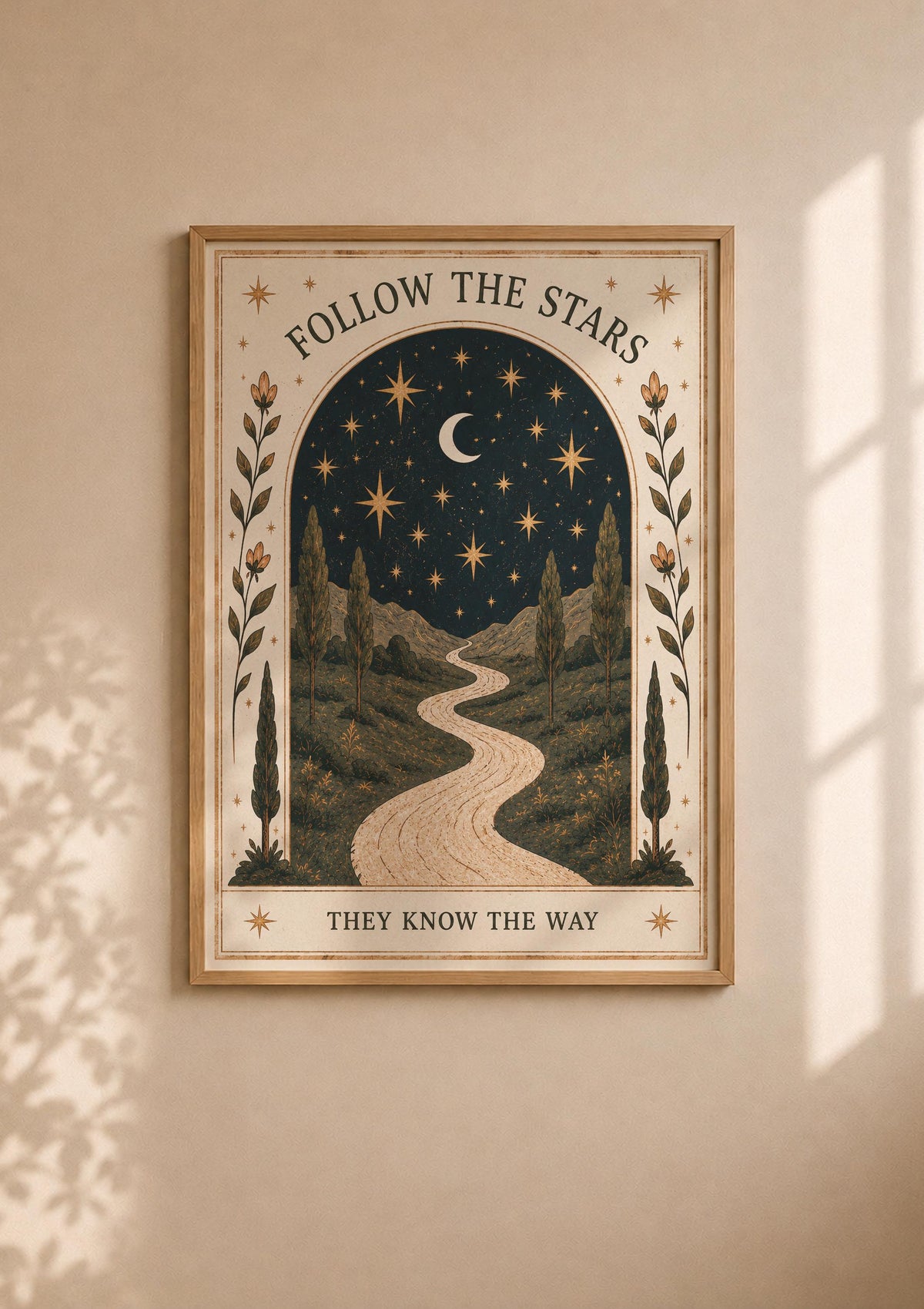 Follow The Stars Print | Celestial Moon Nursery Wall Art, Folk Landscape Illustration, Framed or Unframed