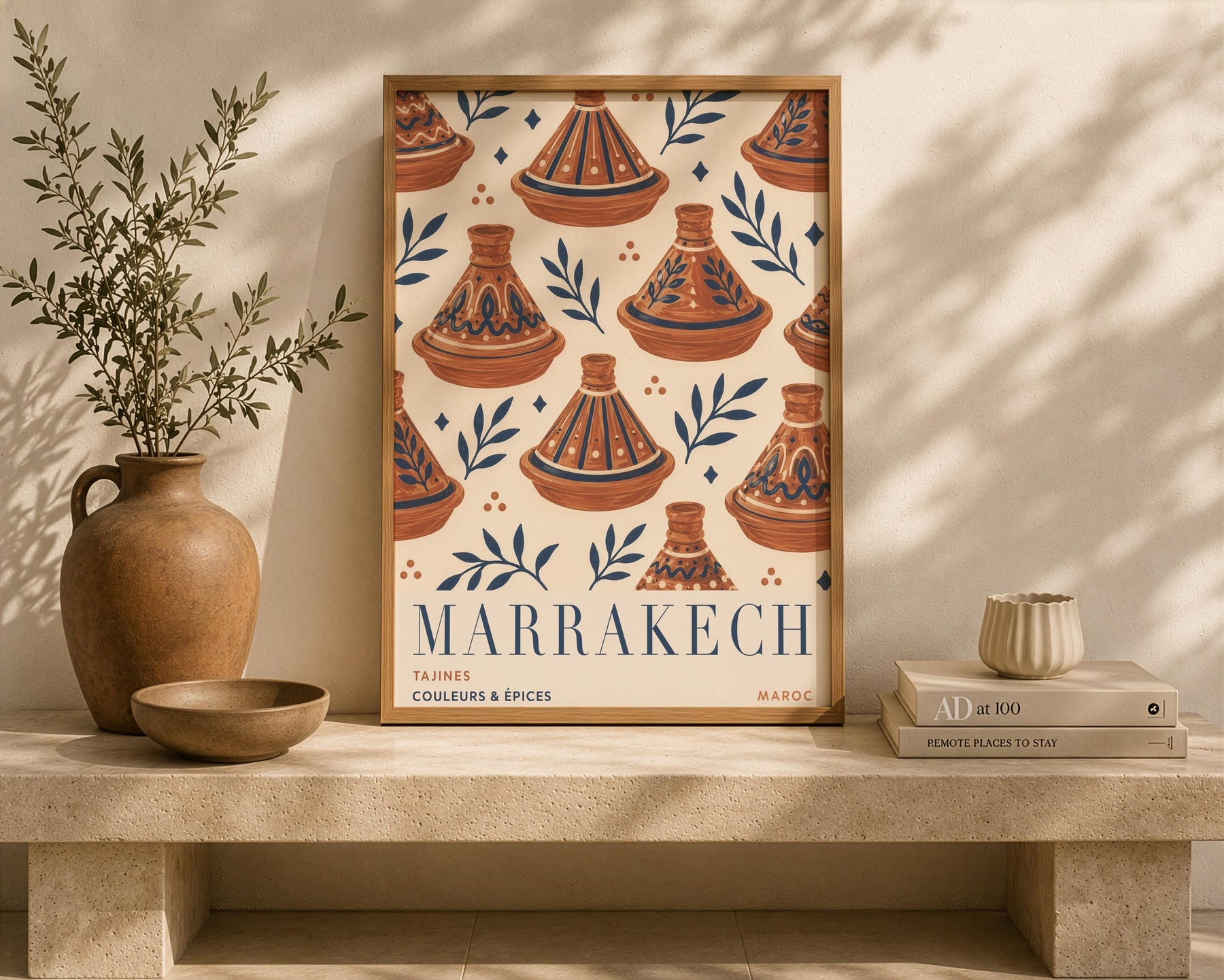 Marrakech Print | Hand-Painted Tagine Travel Poster, Moroccan Boho Kitchen Art | Framed or Unframed